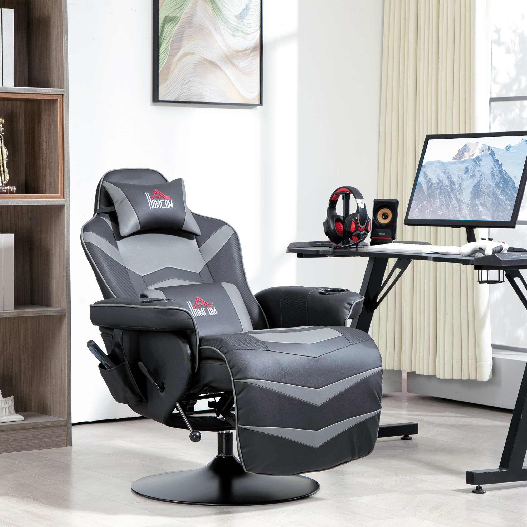 Gamingsessel, Massagefunktion, neigbare Lehne, Fußstütze, bis 120 kg, Stahlrahmen, Kunstleder, Grau