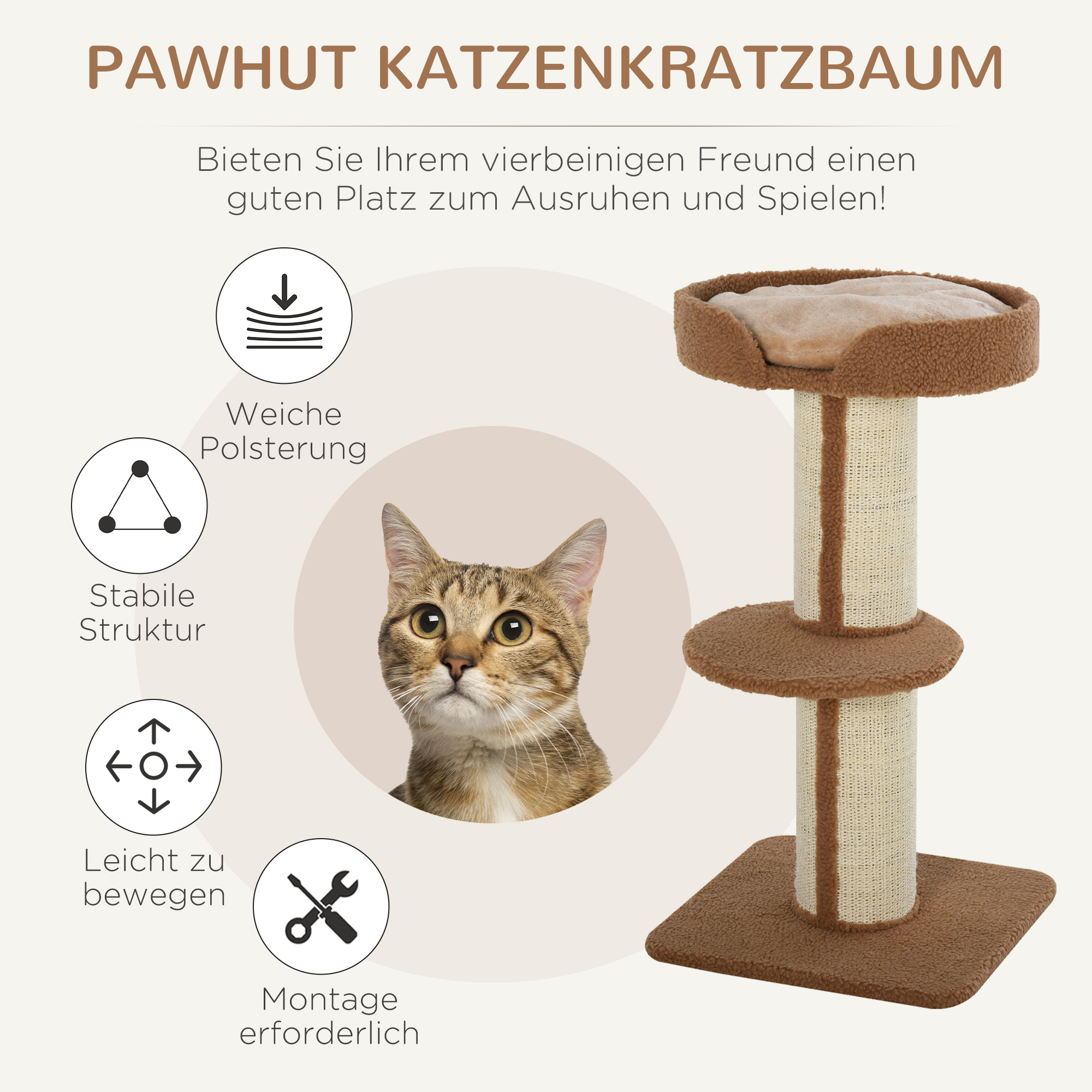 Kratzbaum 91 cm Katzenturm mit Sisalstämme, Plattform, Kissen mehrstöckiger Katzenkratzbaum, Kletterbaum, für mittelgroße Katzen, Hellbraun