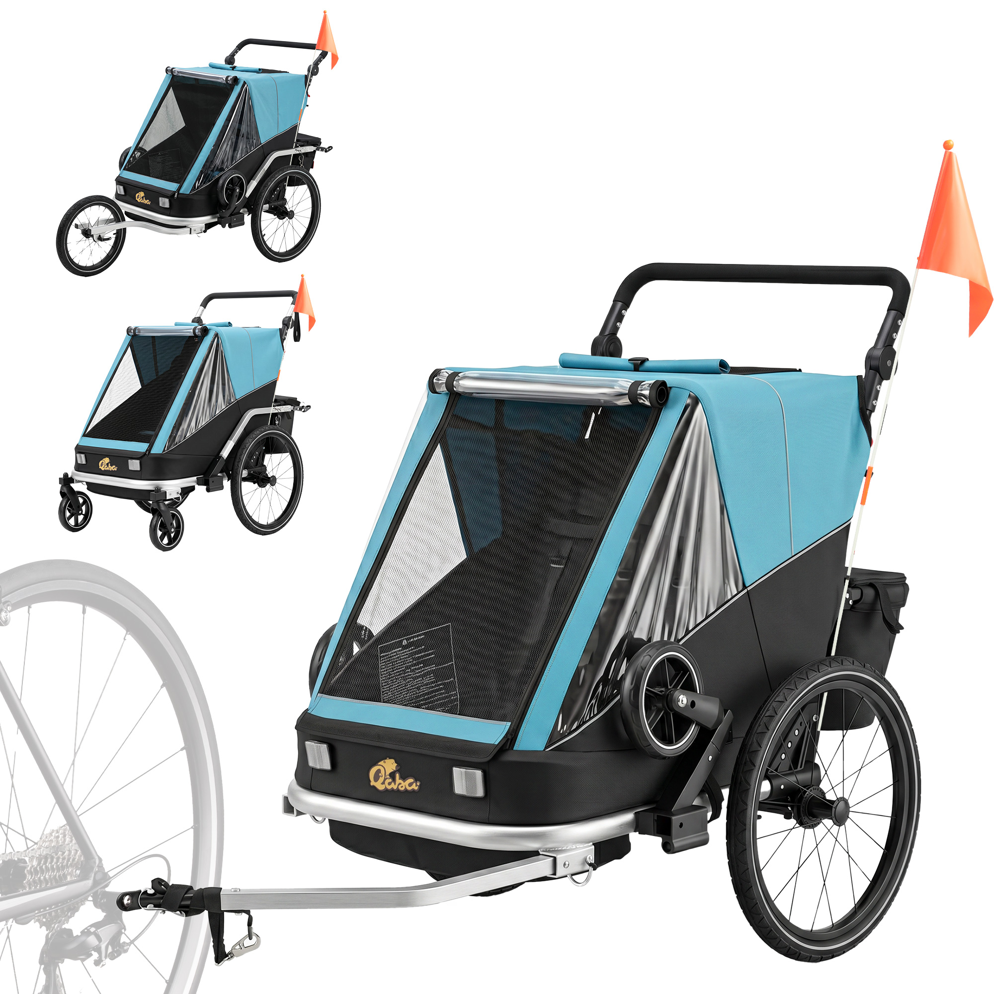 Fahrradanhänger für Kinder, 2-Sitzer, 2-in-1 faltbarer Kinderfahrradanhänger mit verstellbarem Sitz und Gurten, Blau