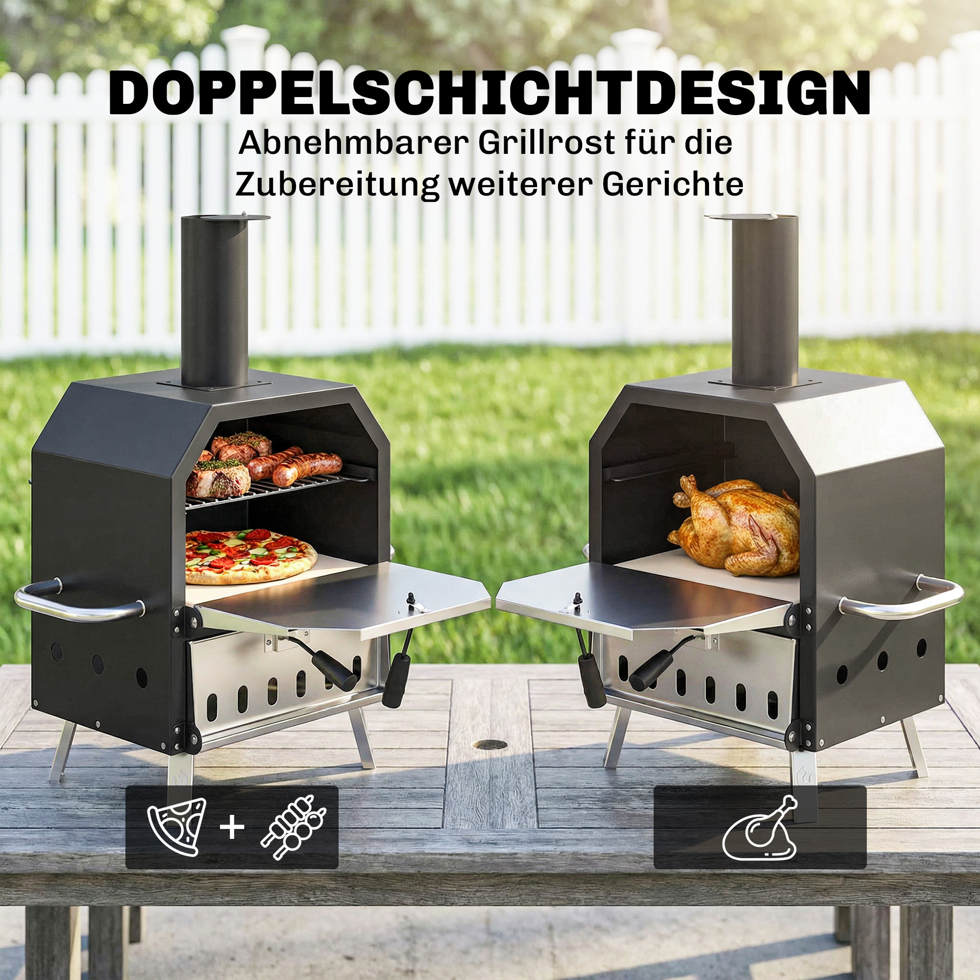 Outdoor Pizzaofen Holzbefeuerter Pizza Ofen Edelstahl 2 Ebene Backofen mit 1cm dick Pizzastein Klappbein