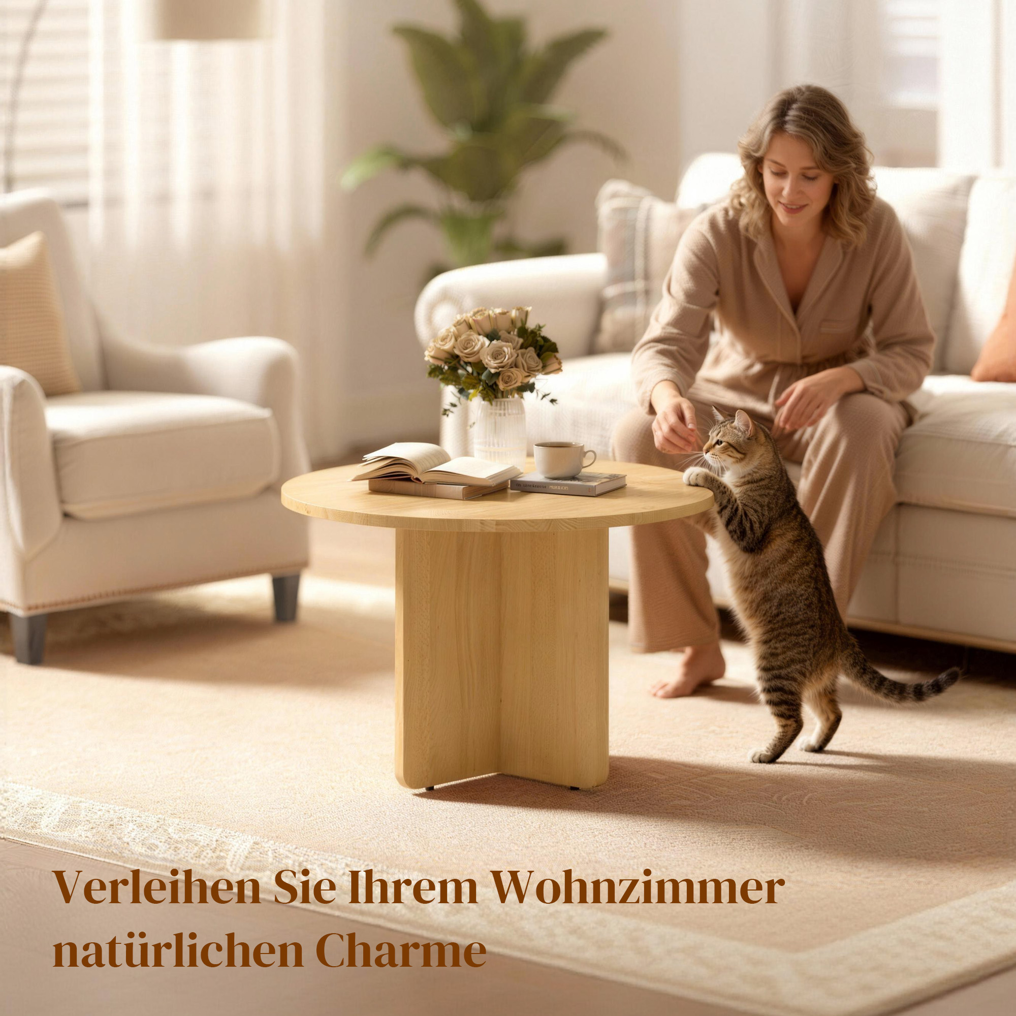 Runder Couchtisch, Bambus-Wohnzimmertisch mit Kreuzfuß, Natur