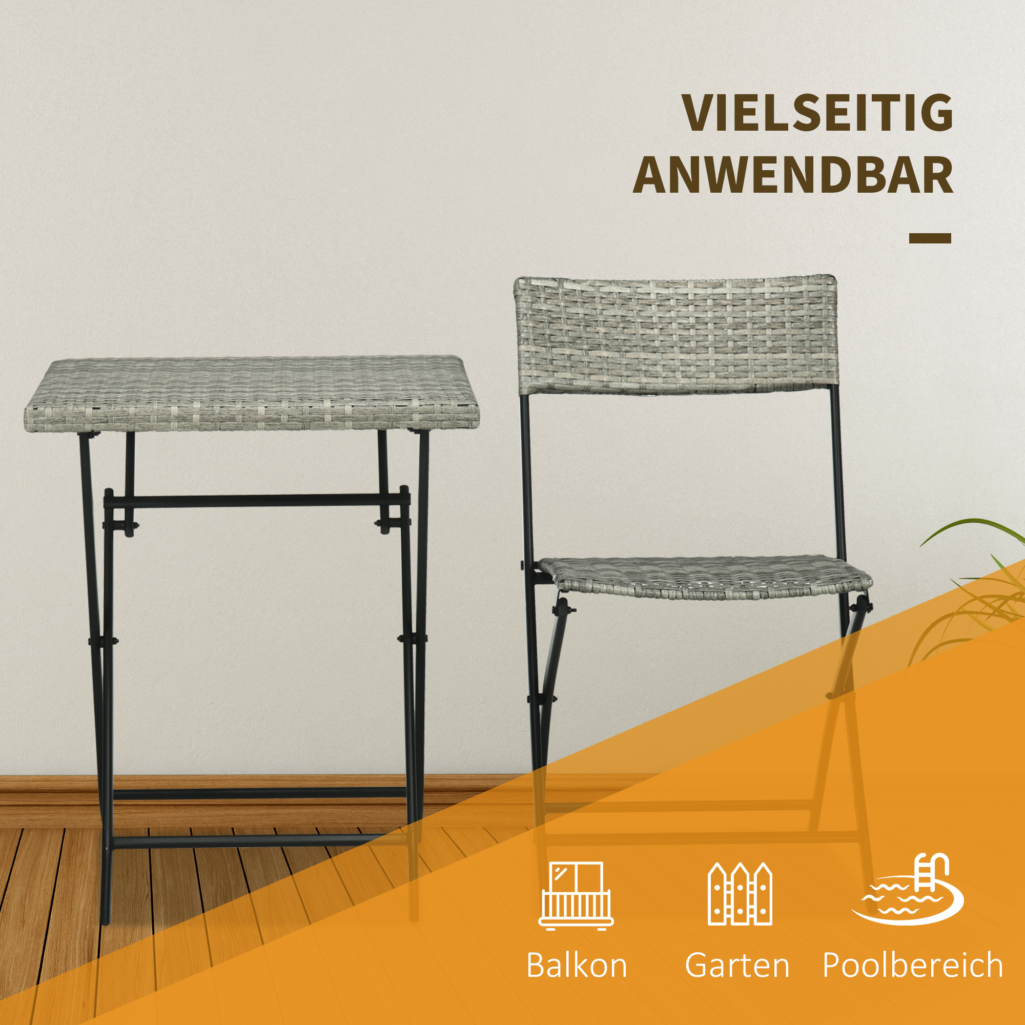 3-tlg, Gartensitzgruppe, 2 Klappstühle, 1 Klapptisch, Rattanoptik, Metallrahmen, hellgrau