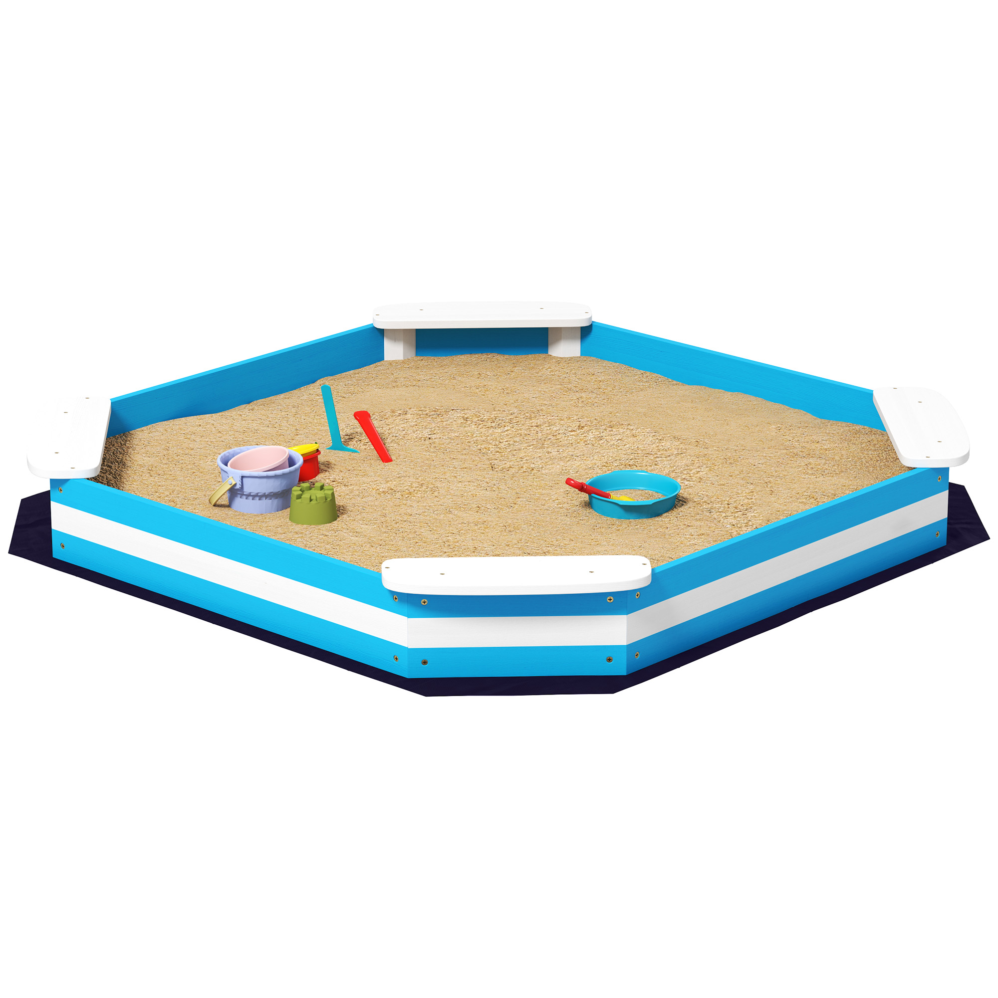 Sandkasten für Kinder, Sandkiste mit 4 Sitzen, Fichtenholz, bodenlos, Blau