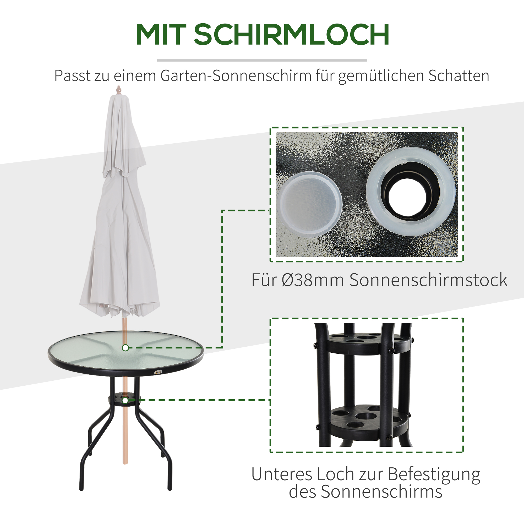 Gartentisch Balkontisch Garten Beistelltisch Bistrotisch Gartenmöbel mit Schirmloch Hartglas + Metall Schwarz Ø80 x 72 cm