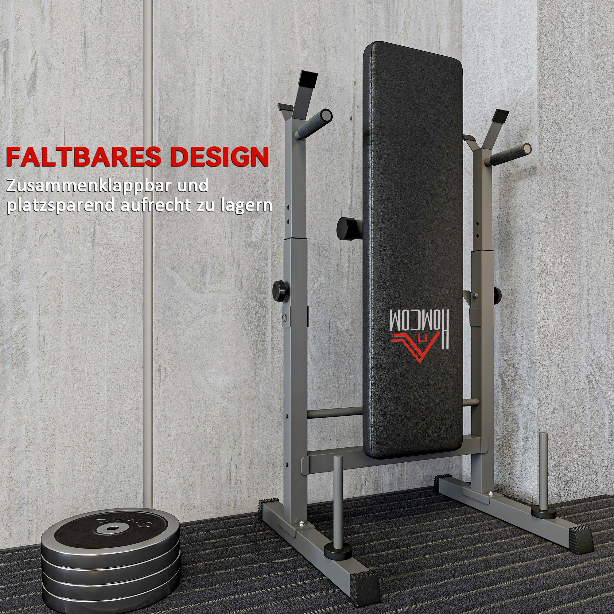 Hantelbank, 8 Positionen, klappbar, Stahlbasis, gepolstert, Kunstleder, 98-122H x 140L x 73B cm, Schwarz/Grau