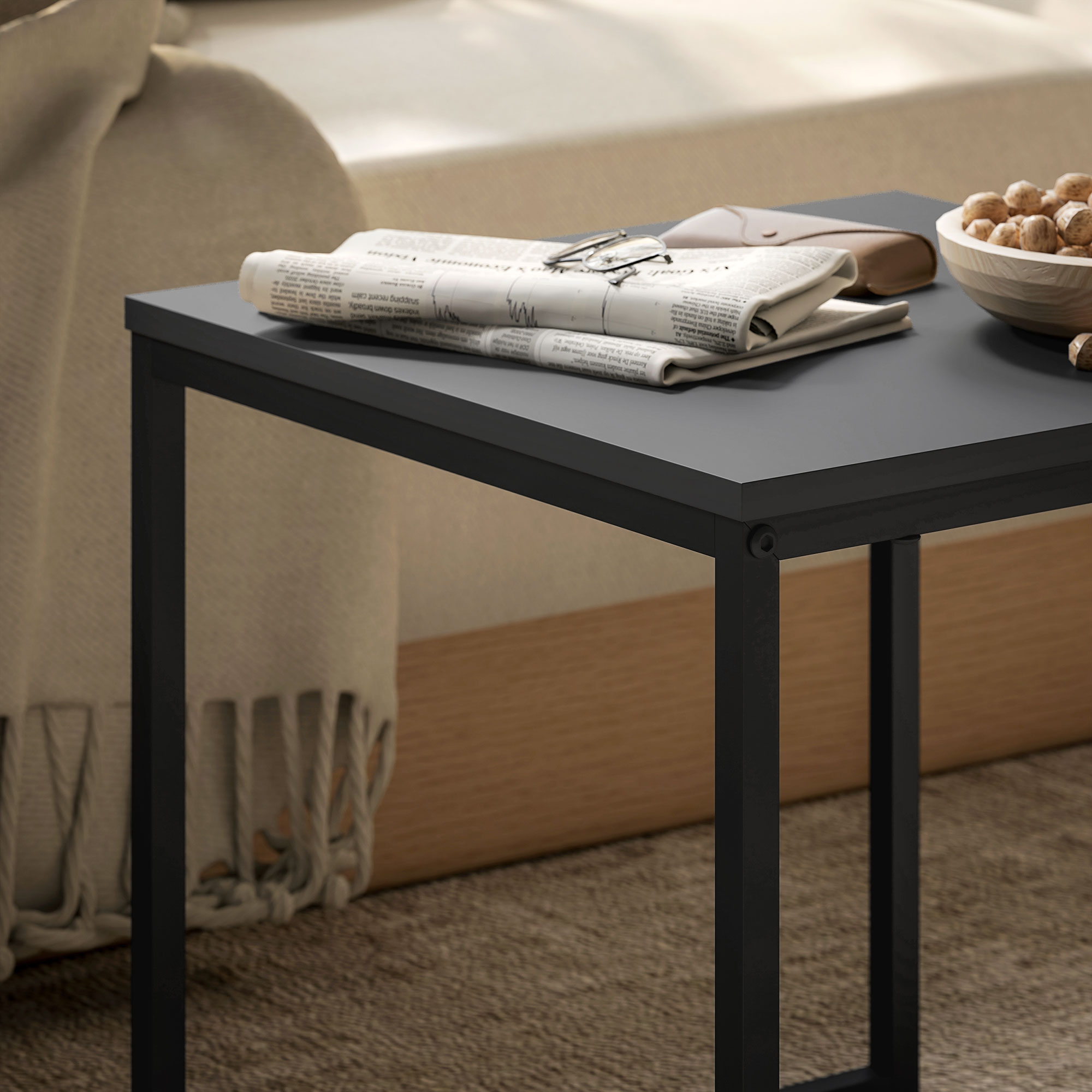 moderner Couchtisch, 2er-Set Sofatisch, für kleine Räume, Quadratisch, MDF, Metall, Schwarz