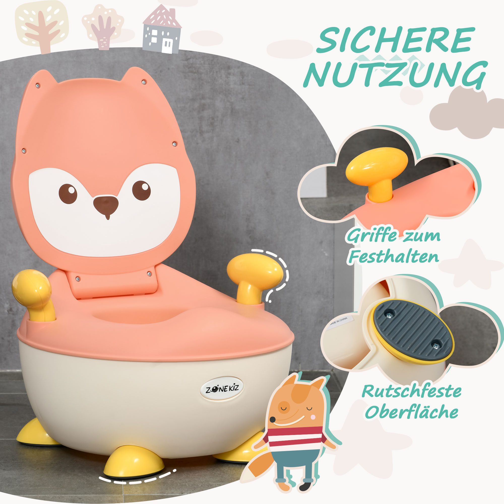 Töpfchen für Kinder 0,5 bis 3 Jahre, rutschfest, Innentopf, Spritzschutz, Fuchs-Design, 34,5 x 35 x 23 cm