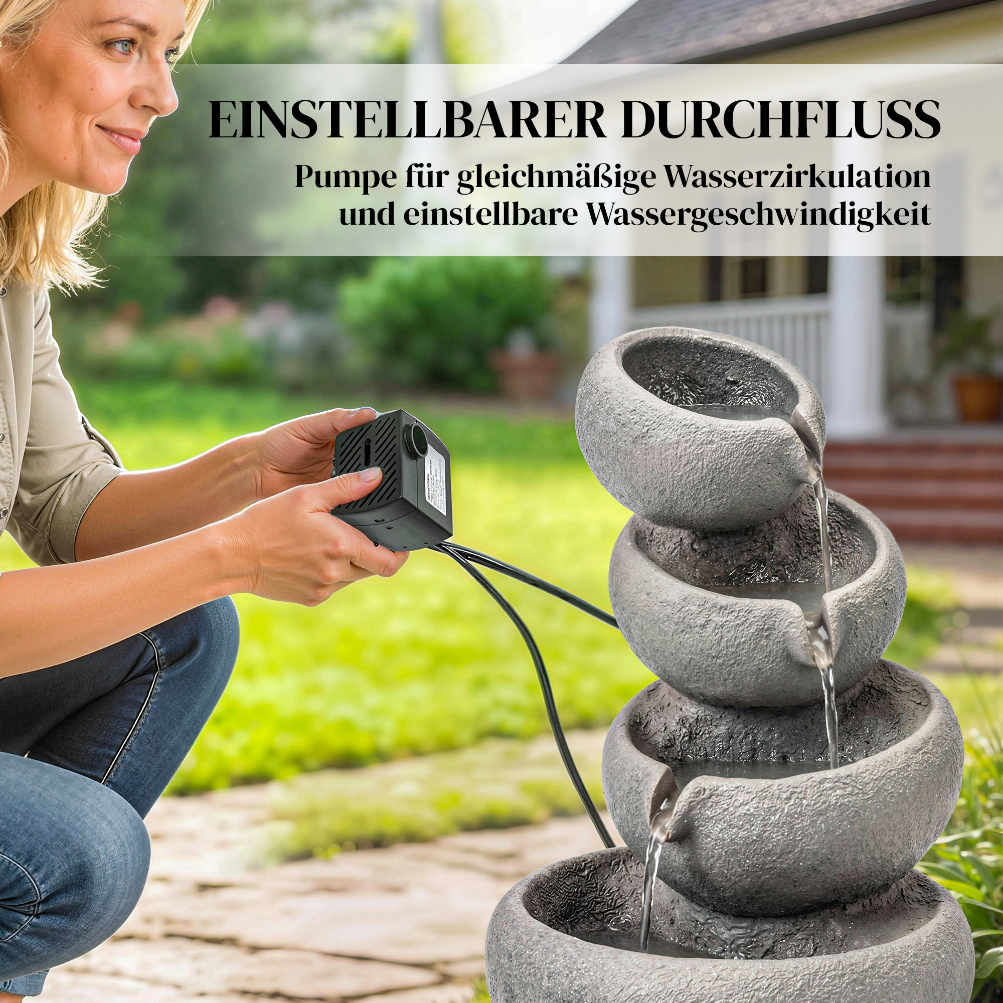 Springbrunnen Outdoor aus Kunstharz 4-stufig Gartenbrunnen mit LED Beleuchtung Pumpe Steinoptik 35 x 32 x 50 cm