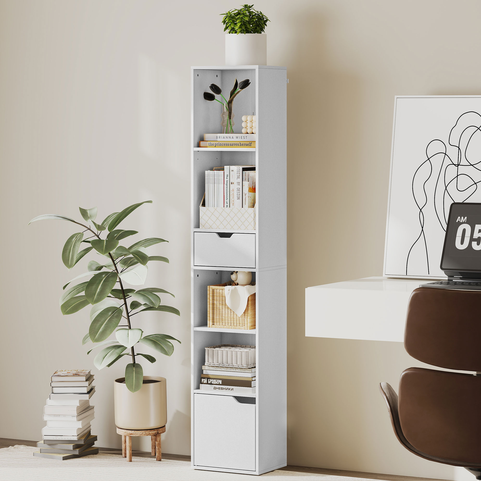 Bücherregal mit 6 Ebenen, 3-stufig verstellbar, mit Schublade, Schranktür, anpassbares Regal, Ausstellungsregal, Weiß