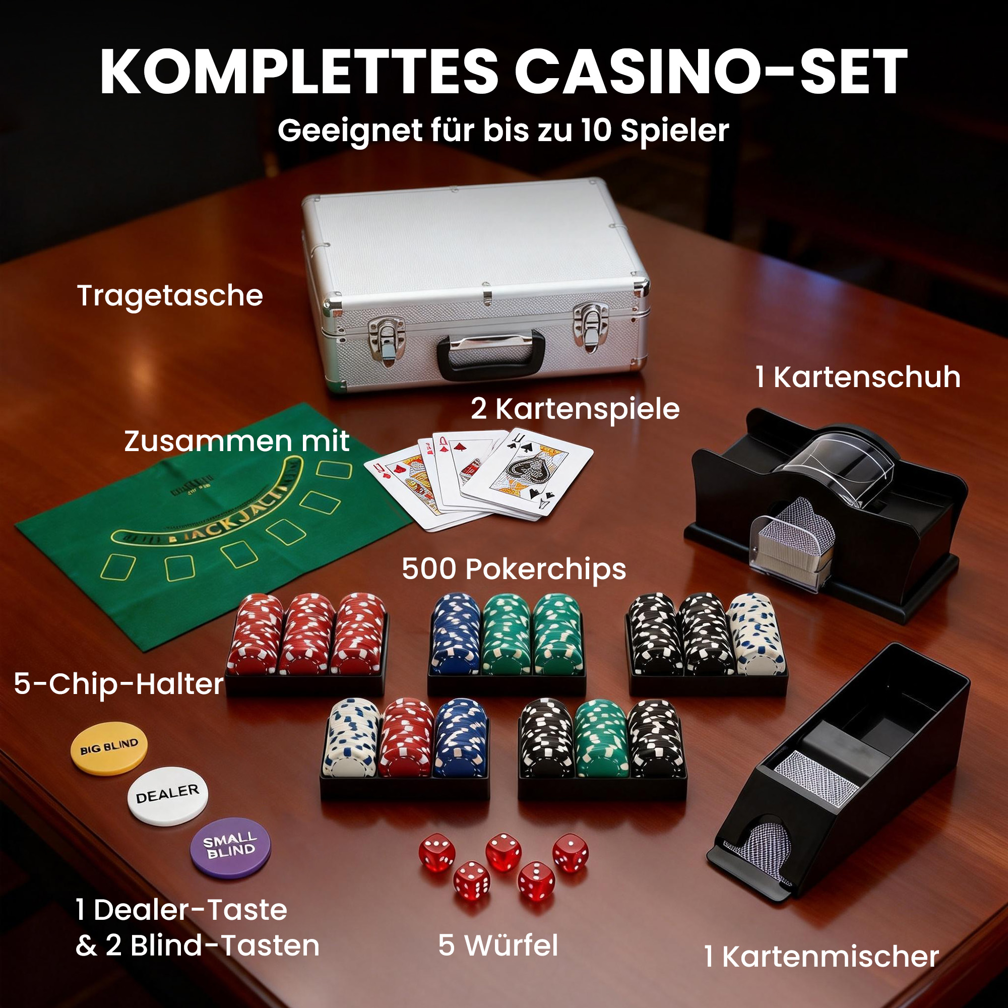 Poker-Set, 500 Chips, Würfel, 2 Kartendecks, Zubehör, Koffer, für 10 Spieler