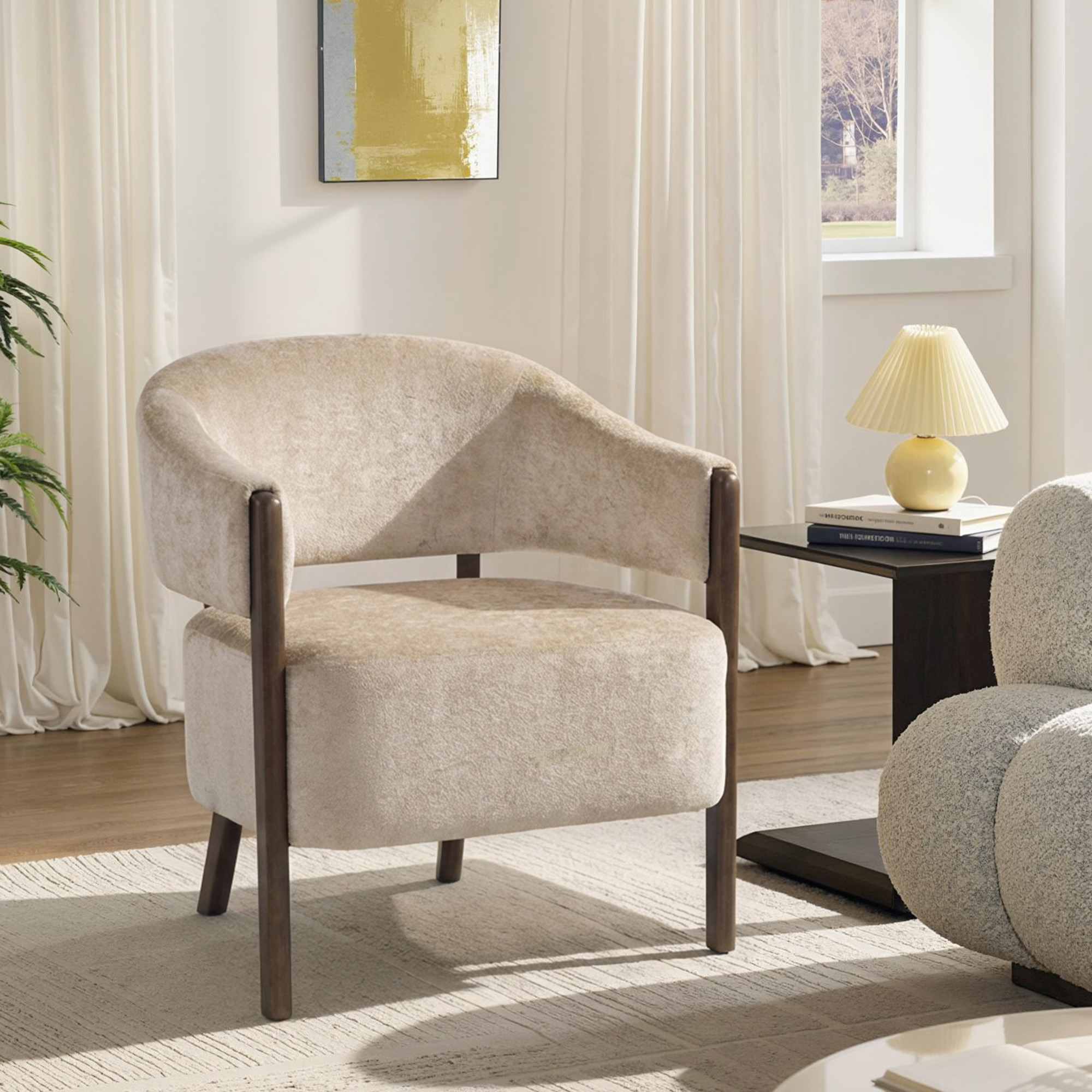 Akzentstuhl, Chenille-Polstersessel mit Massivholzrahmen und Beinen, Beige