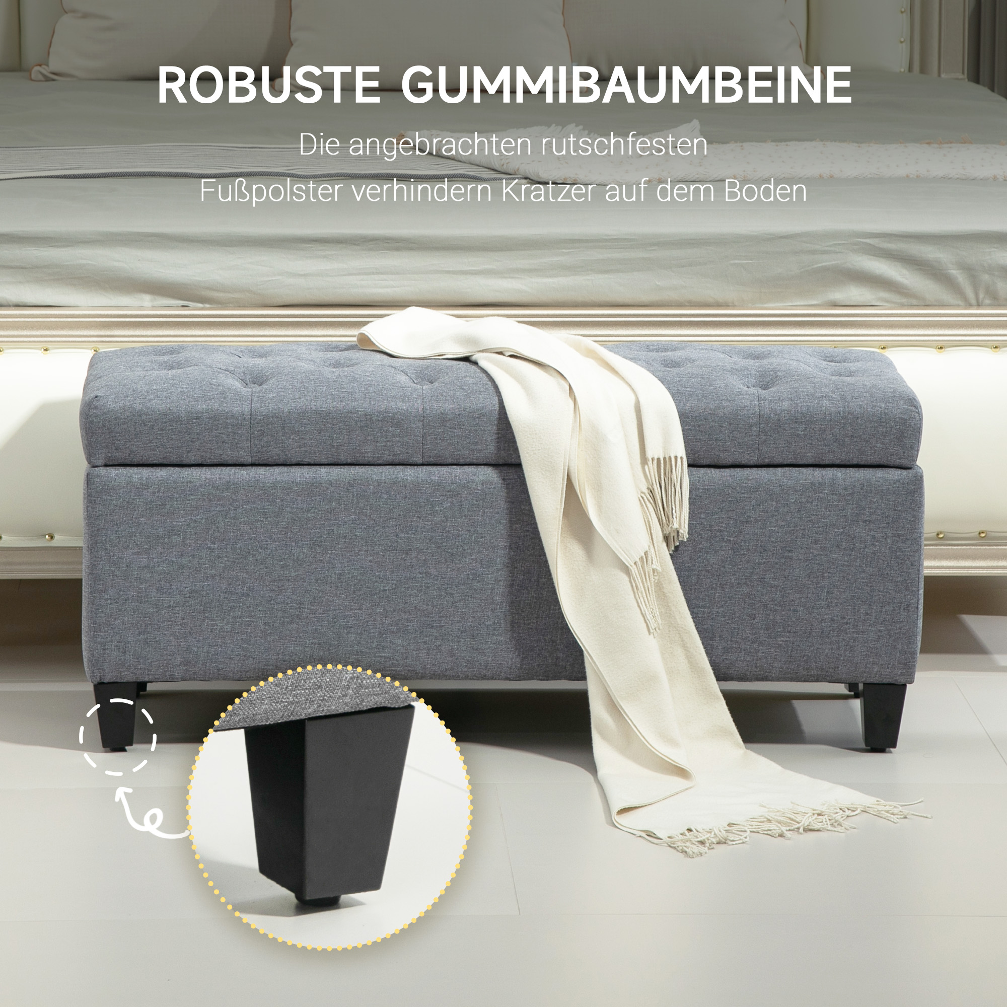 Sitzbank, Polsterbank mit Stauraum, leinenartiges Polyester, Kautschukholz, 100 x 40 x 44 cm, Hellgrau
