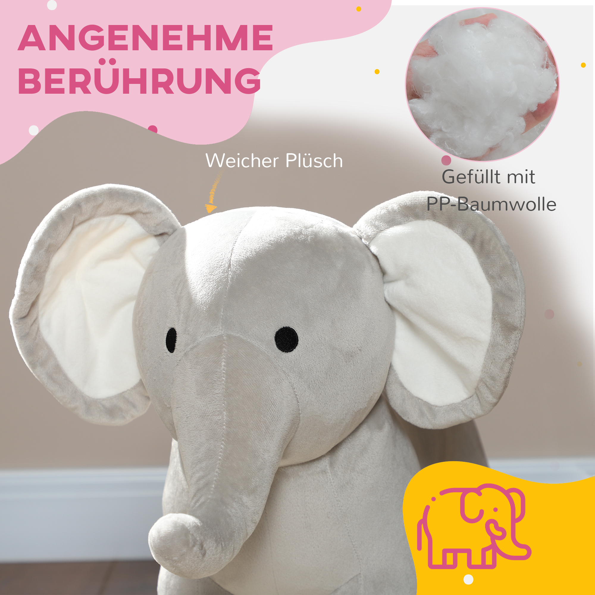 Schaukelpferd, Elefant, Soundeffekte, sichere Basis, für 2-4 Jahre, 64,5x31x52 cm, Grau