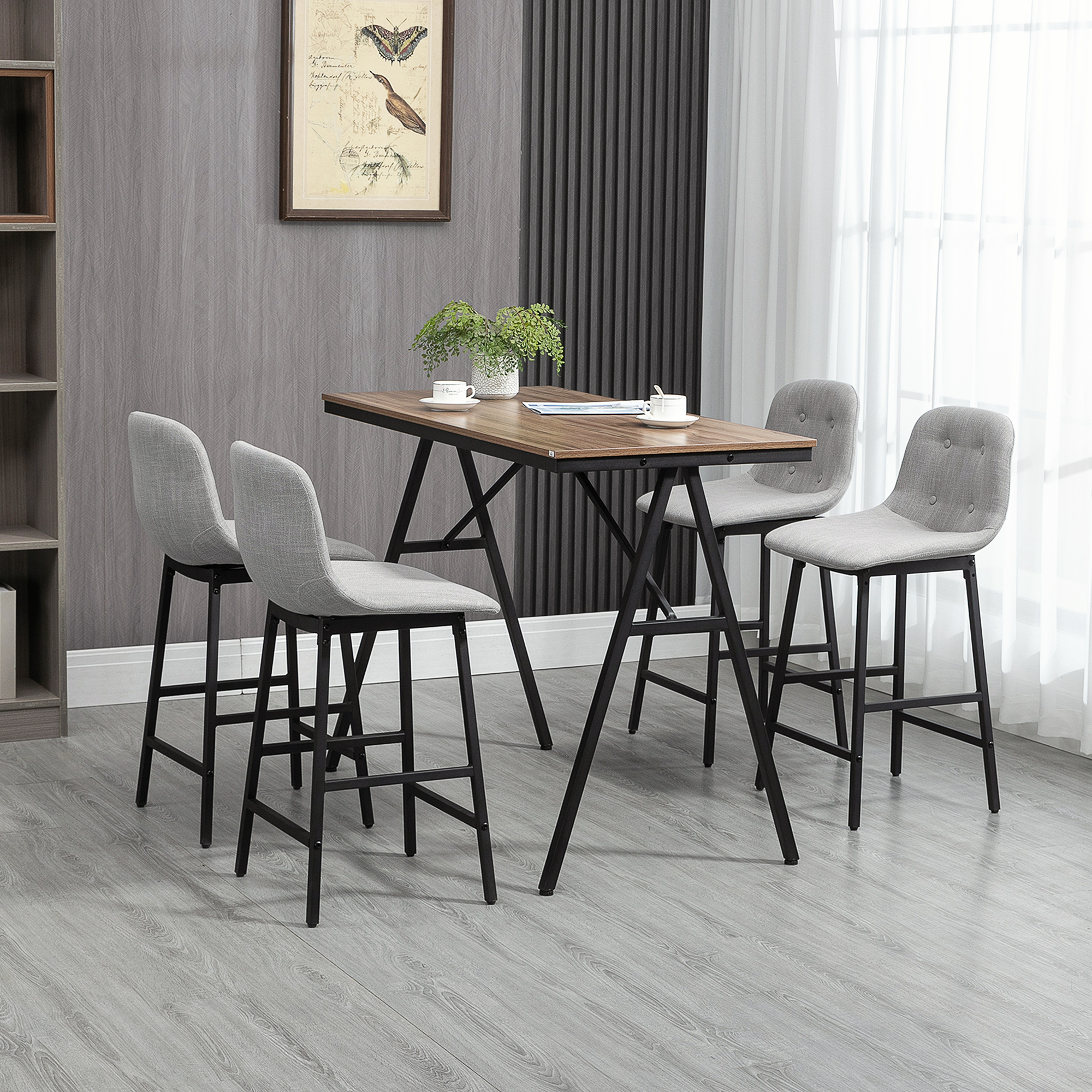 Bartisch mit Barhockern im Industrie-Design, Knopfheftung, 120 cm x 60 cm x 91 cm, Hellgrau