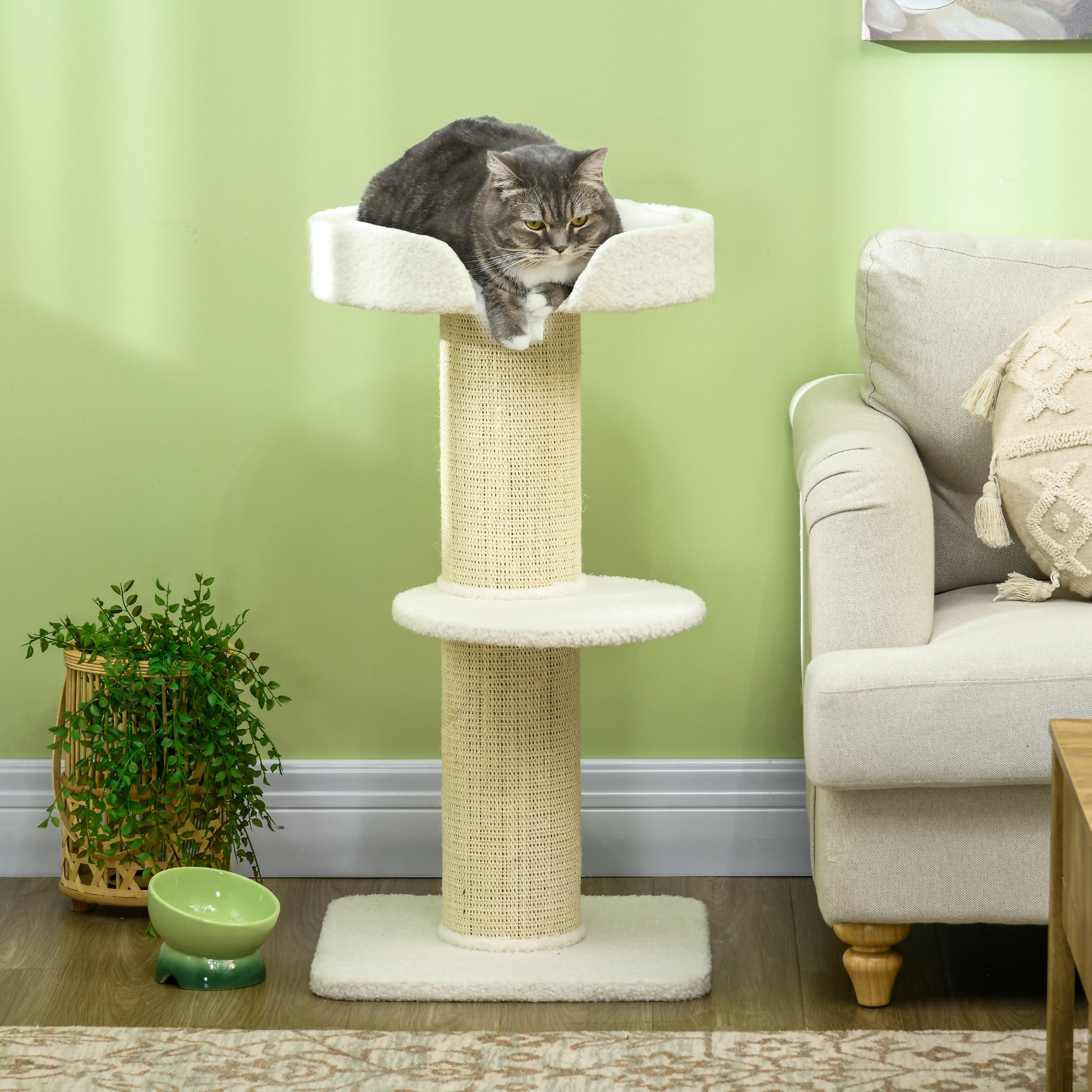 Katzenbaum  91cm Spielbaum mit Katzenbett, Plattform Lammwolle Creme