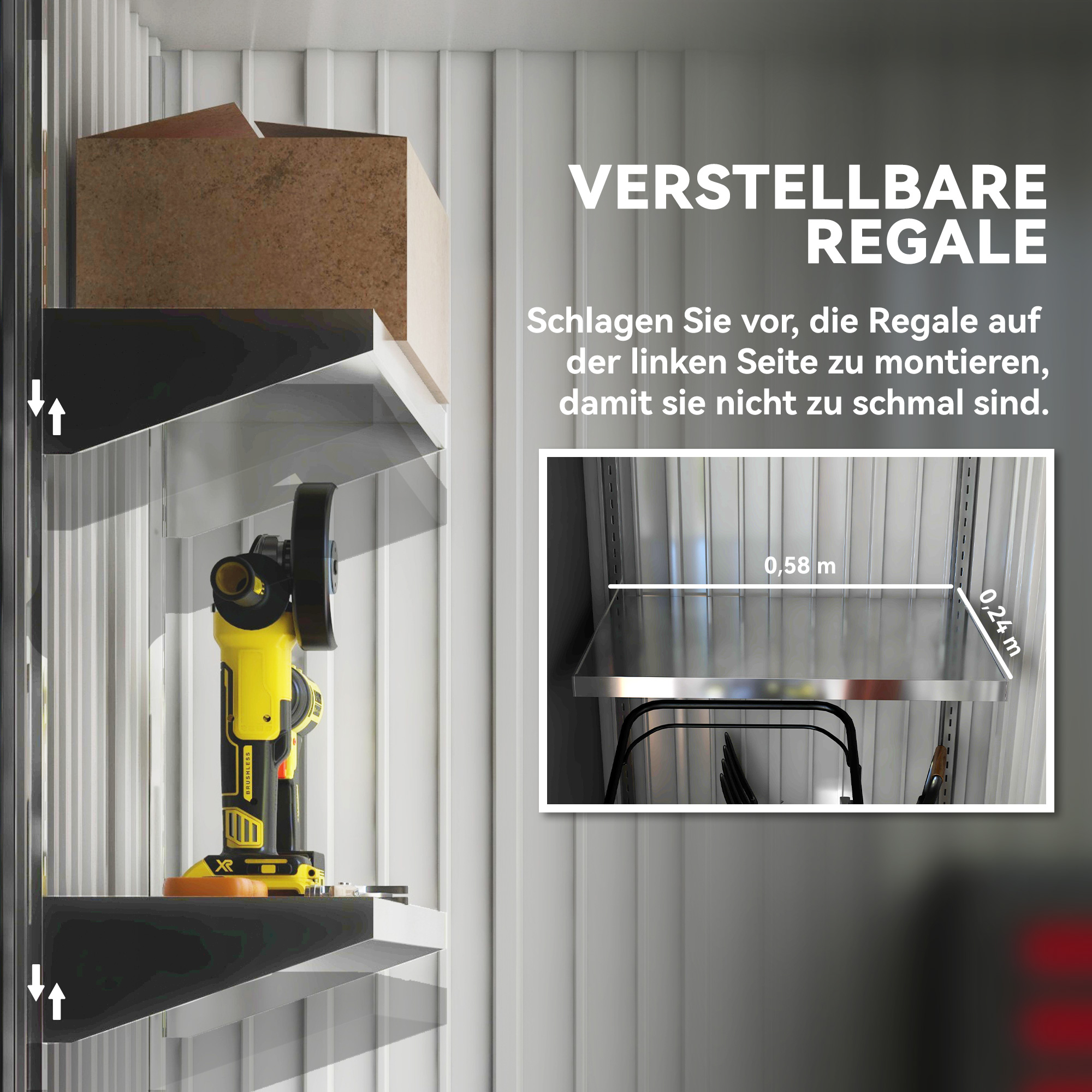 Gartenschuppen, Outdoor-Geräteschuppen aus Wellstahl, Wanddesign, verstellbare Regalböden, verschließbare Tür Dunkelgrau