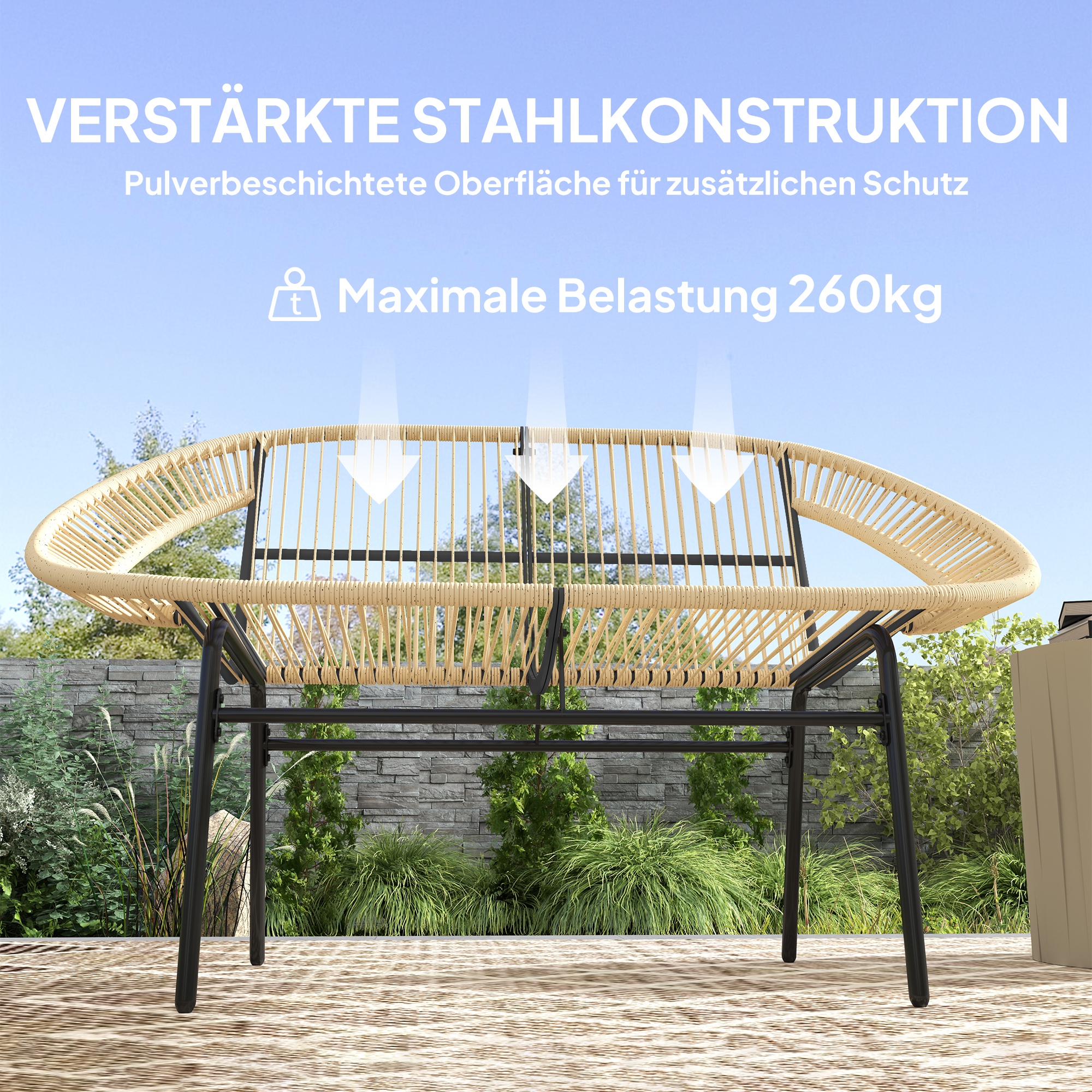 2-Sitzer Gartenbank Polyrattan, wetterfest Sitzbank im Rattanflecht-Design, UV-Beständig 260kg belast Khaki