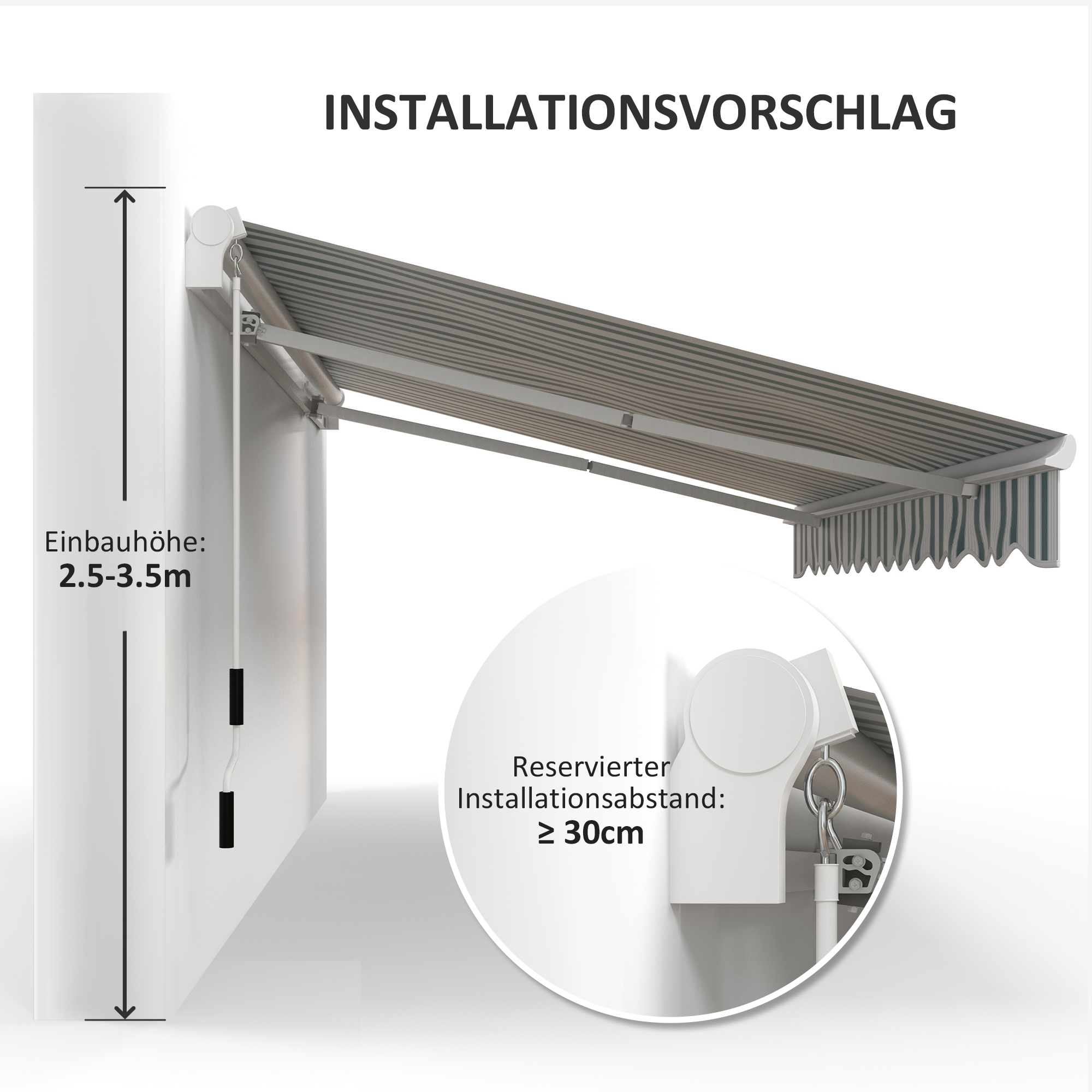 Markise, Sonnenschutz, einfahrbar, mit Handkurbel, Metallrahmen, Polyester, weiß+grün, 3,95 x 2,45 m