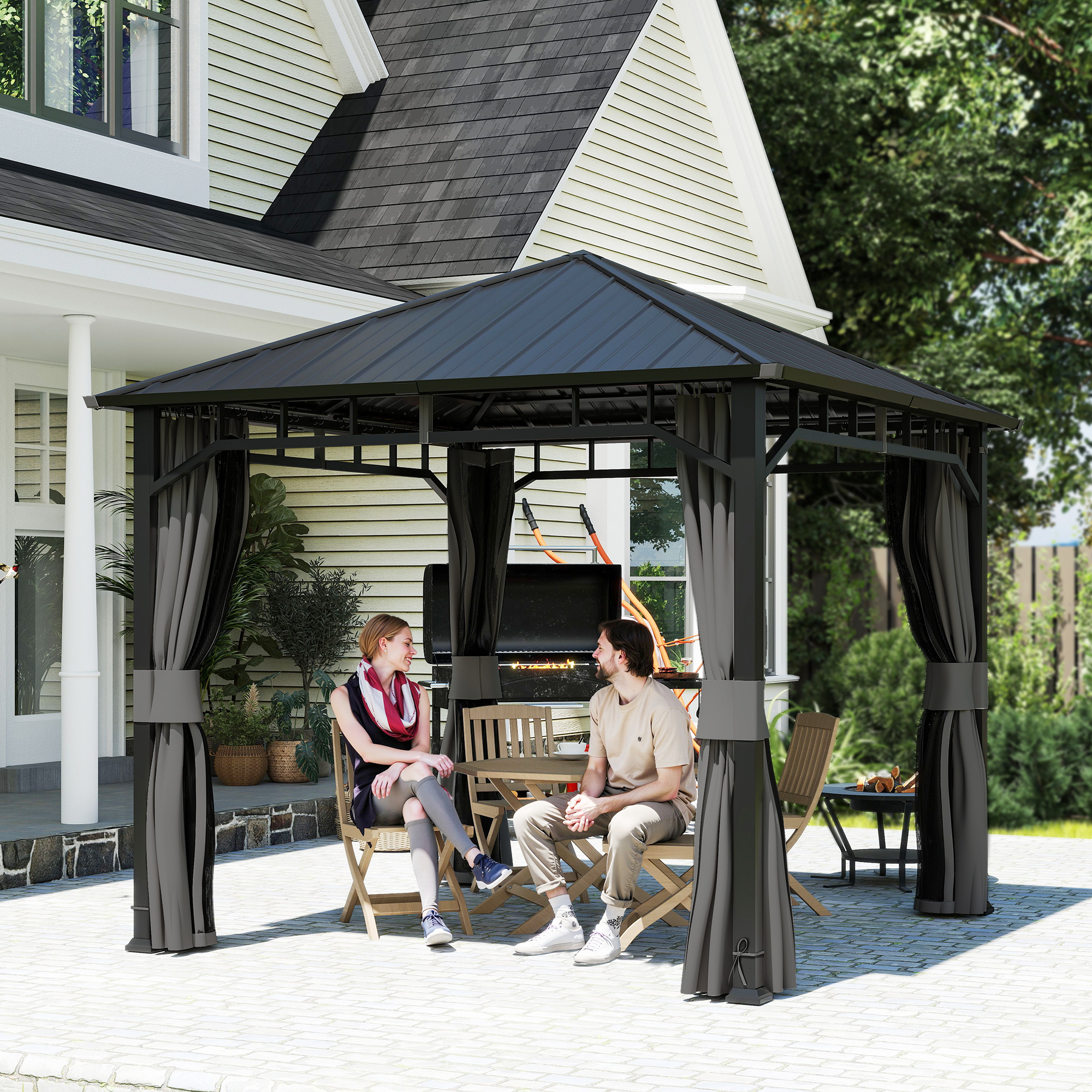 Pavillon 3 x 3 m Wasserdicht Stabil Winterfest Gartenpavillon mit Seitenteile, Netze, Haken Hardtop Dunkelgrau