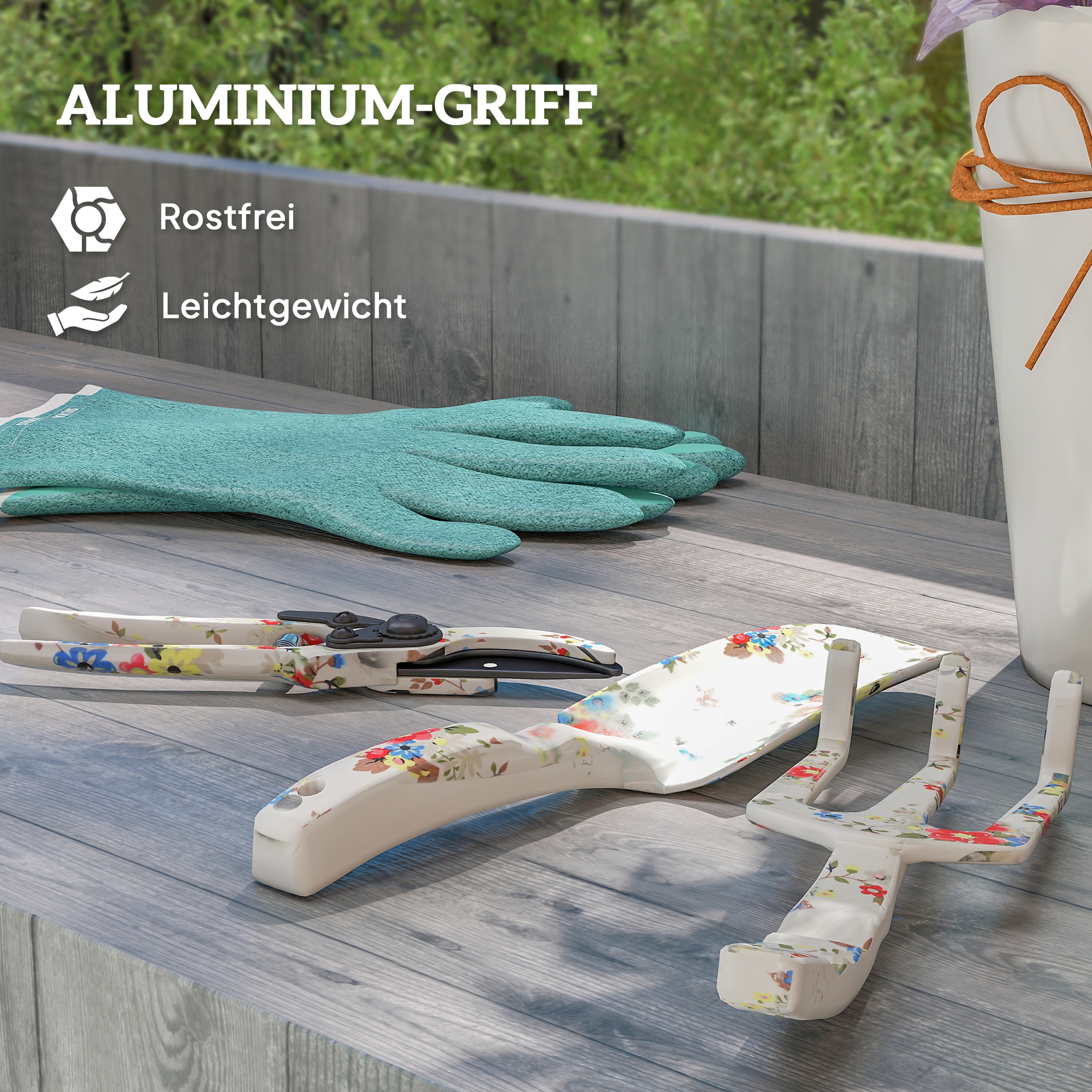 Gartenwerkzeug Set 3 Stück Garten Werkzeug aus Metall mit Blumenkelle Handrechen Gartenschere