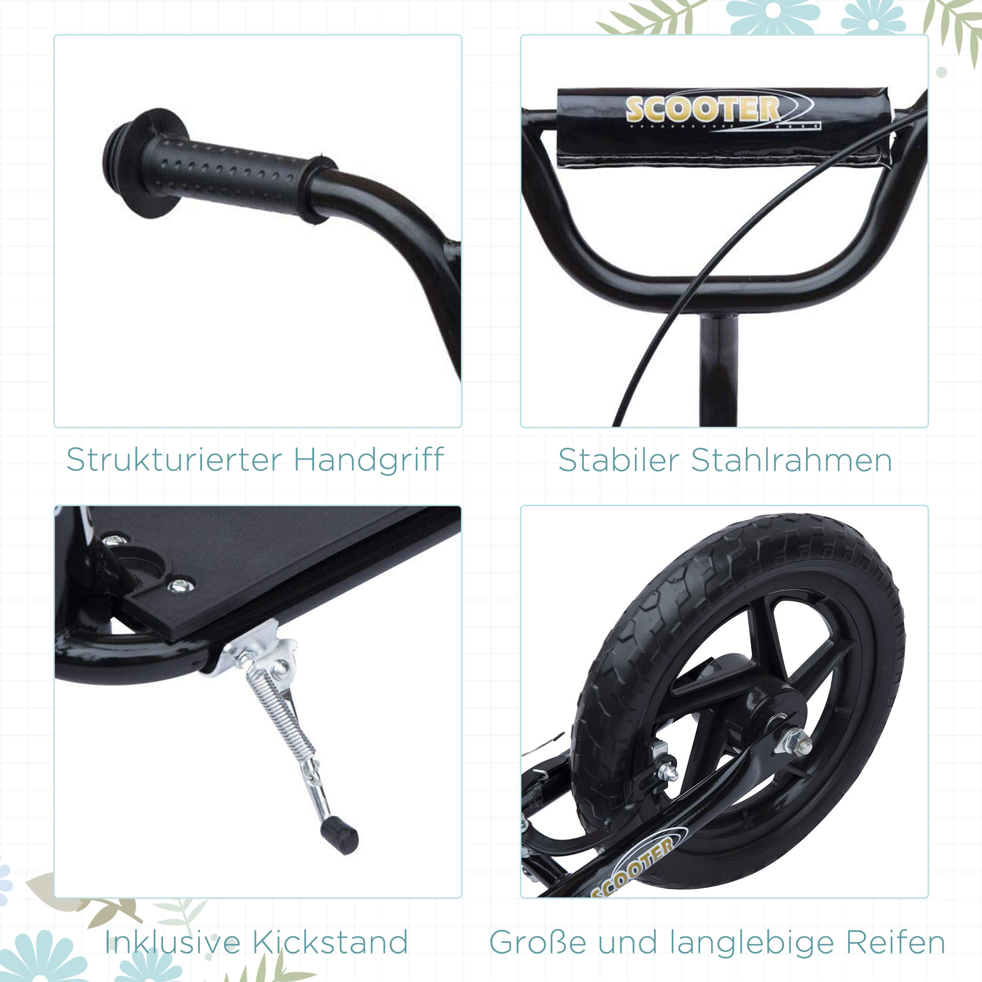 Kinderroller mit Hinterbremse Kickscooter 12 Zoll Tretroller Roller Scooter Cityroller für Kinder Kickboard Höhenverstellbar Stahl EVA Schwarz 120 x 52 x 80-88 cm