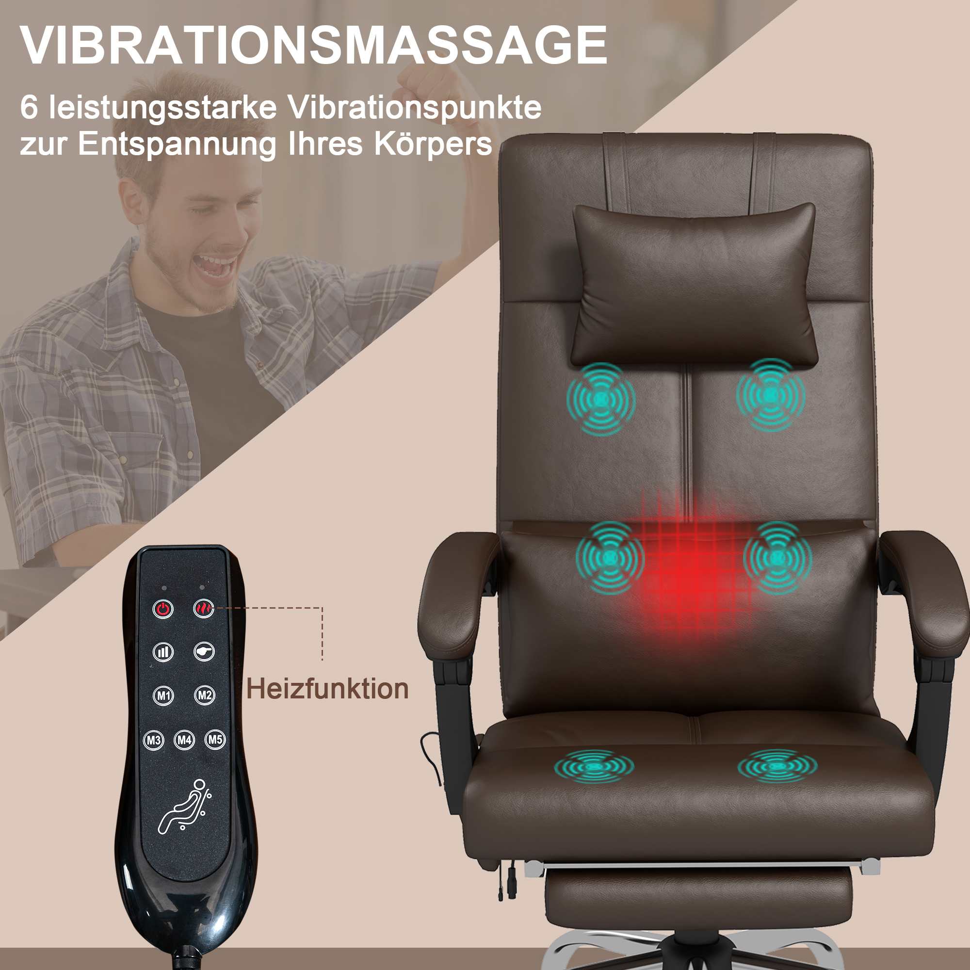 Bürostuhl mit Massagefunktion, Ergonomischer Schreibtischstuhl mit Liegefunktion, Kopfkissen, höhenverstellbar, Braun