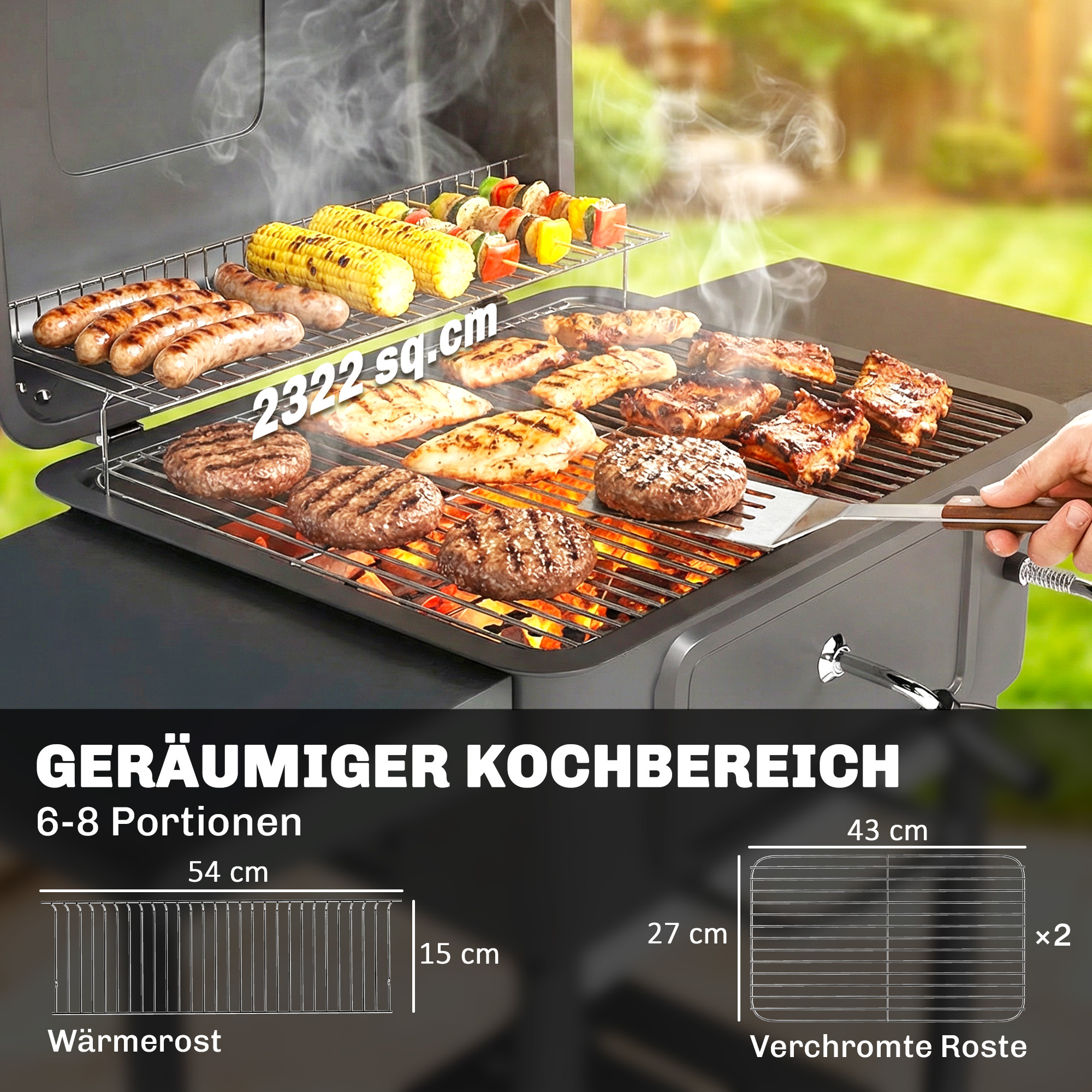 Holzkohlegrill BBQ Smoker mit Deckel Thermometer höhenverstellbar Kohlepfanne Kamin Grillrost Seitentisch Aschefach