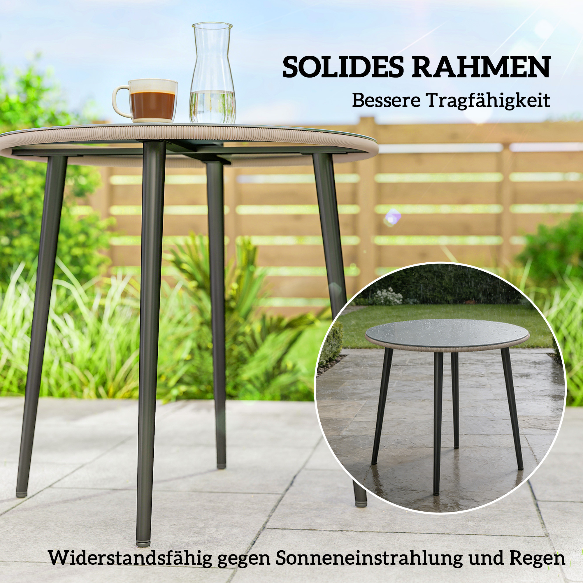 Gartentisch Stahl Buffettisch mit Stahlrahmen, PE-Rattan-Rand, verstellbaren Füßen, 4 Personen 80 x 80 x 74 cm Grau