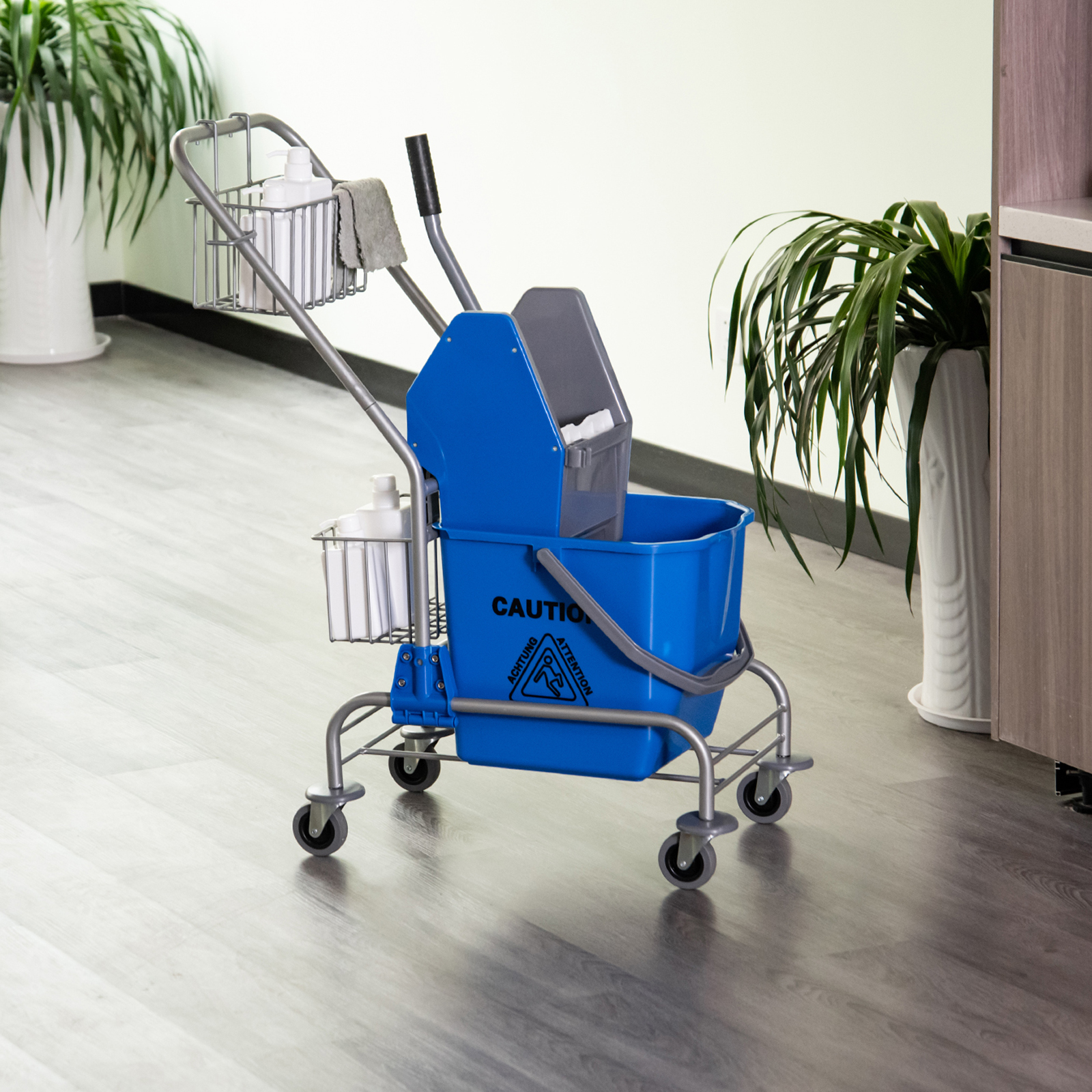 Reinigungseimer, Wischmoppeimer, rollbar, Kunststoff, Metallgriff, Blau