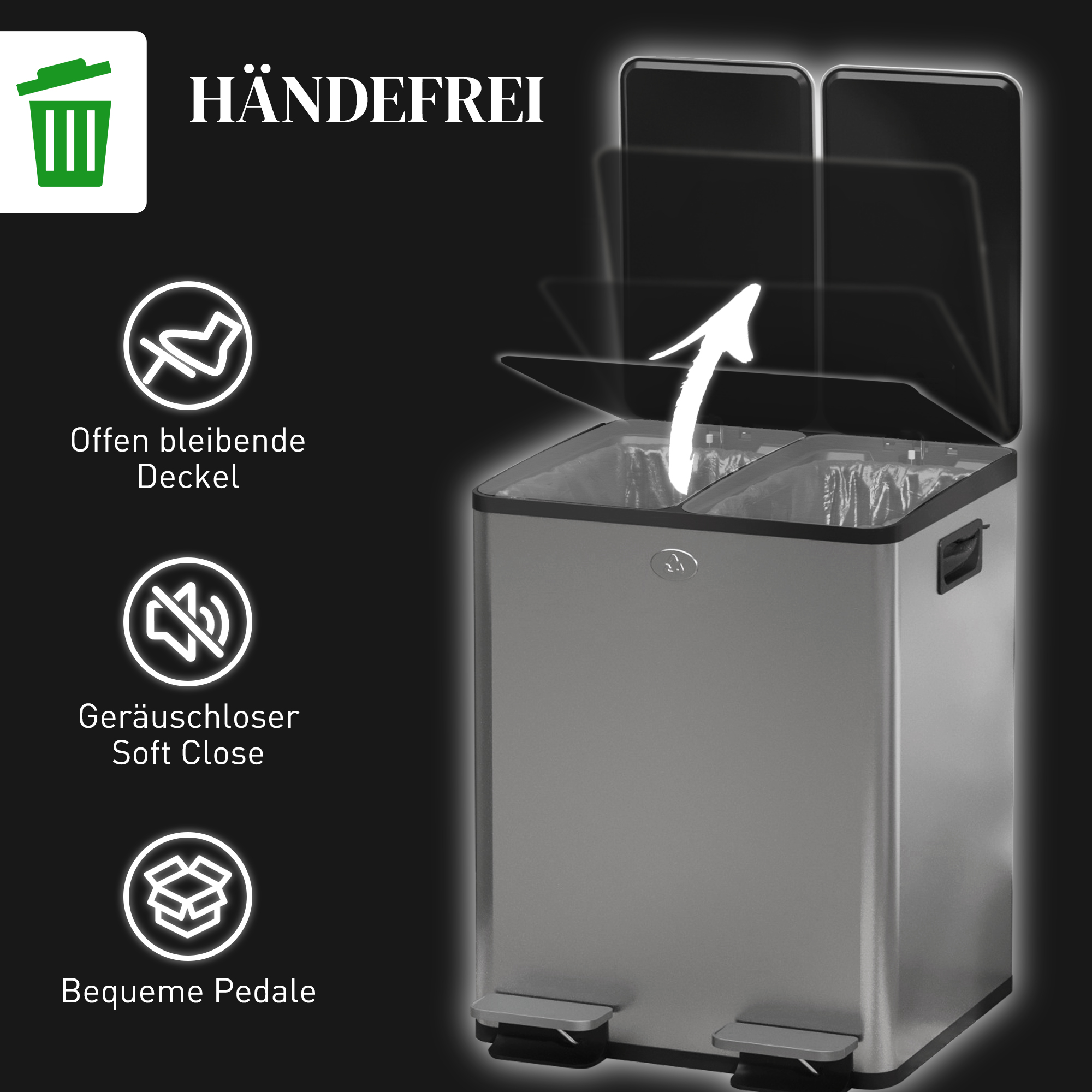 2x 20l Doppelmülleimer, Pedalöffnung, leicht zu reinigen, Edelstahl, Kunststoff, Silber