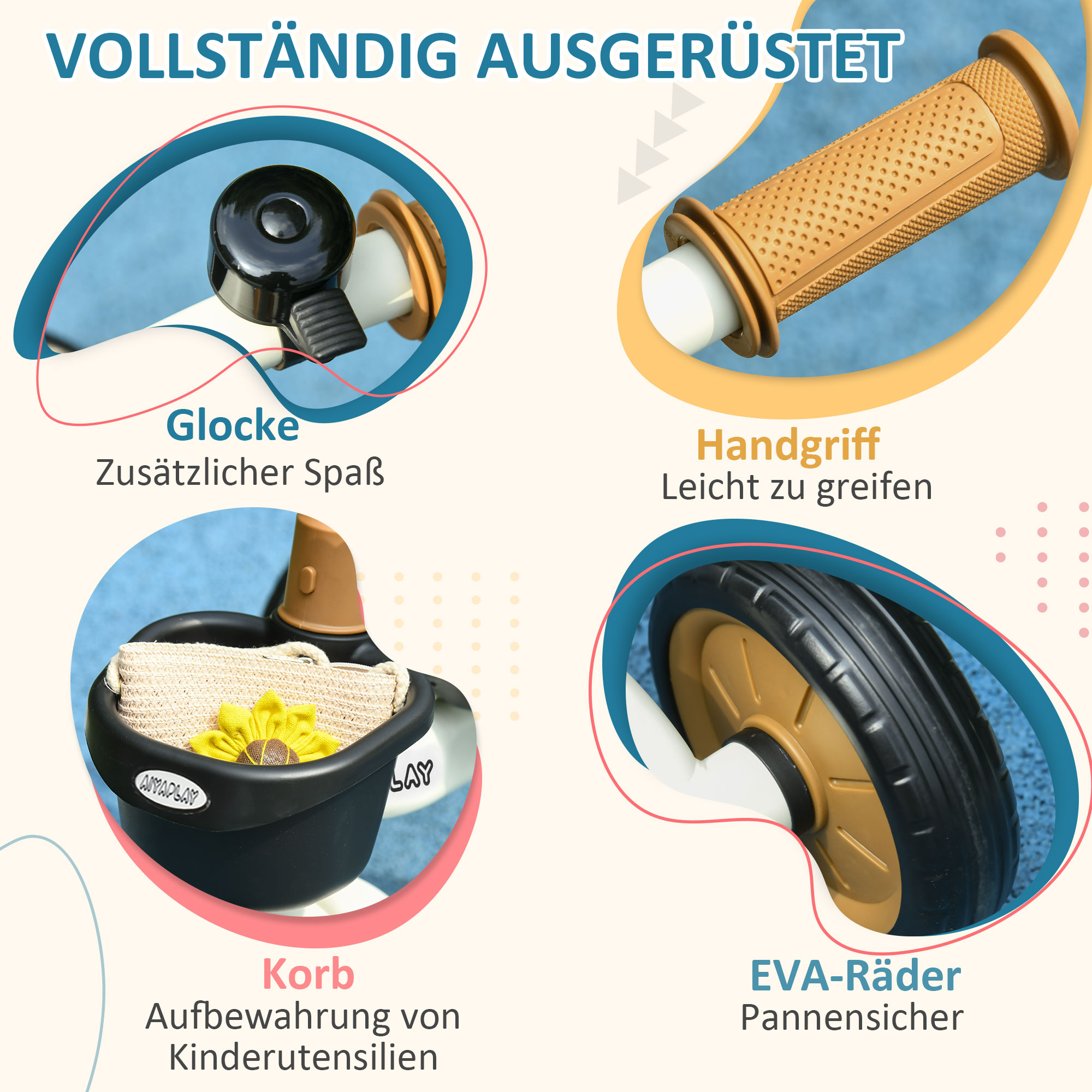 Dreirad für Kinder 2-5 Jahre, höhenverstellbarer Sitz, Klingel, Fahrradkorb, Metallrahmen, Weiß