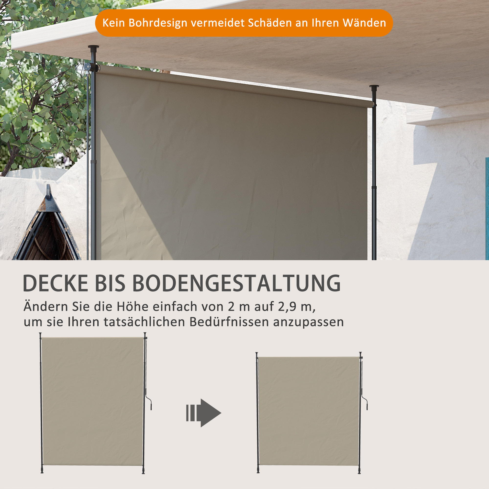Seitenmarkise, Montage ohne Bohren, höhenverstellbar, mit Handkurbel, Metallrahmen, sandfarben, 2 x 2,15-3,05 m