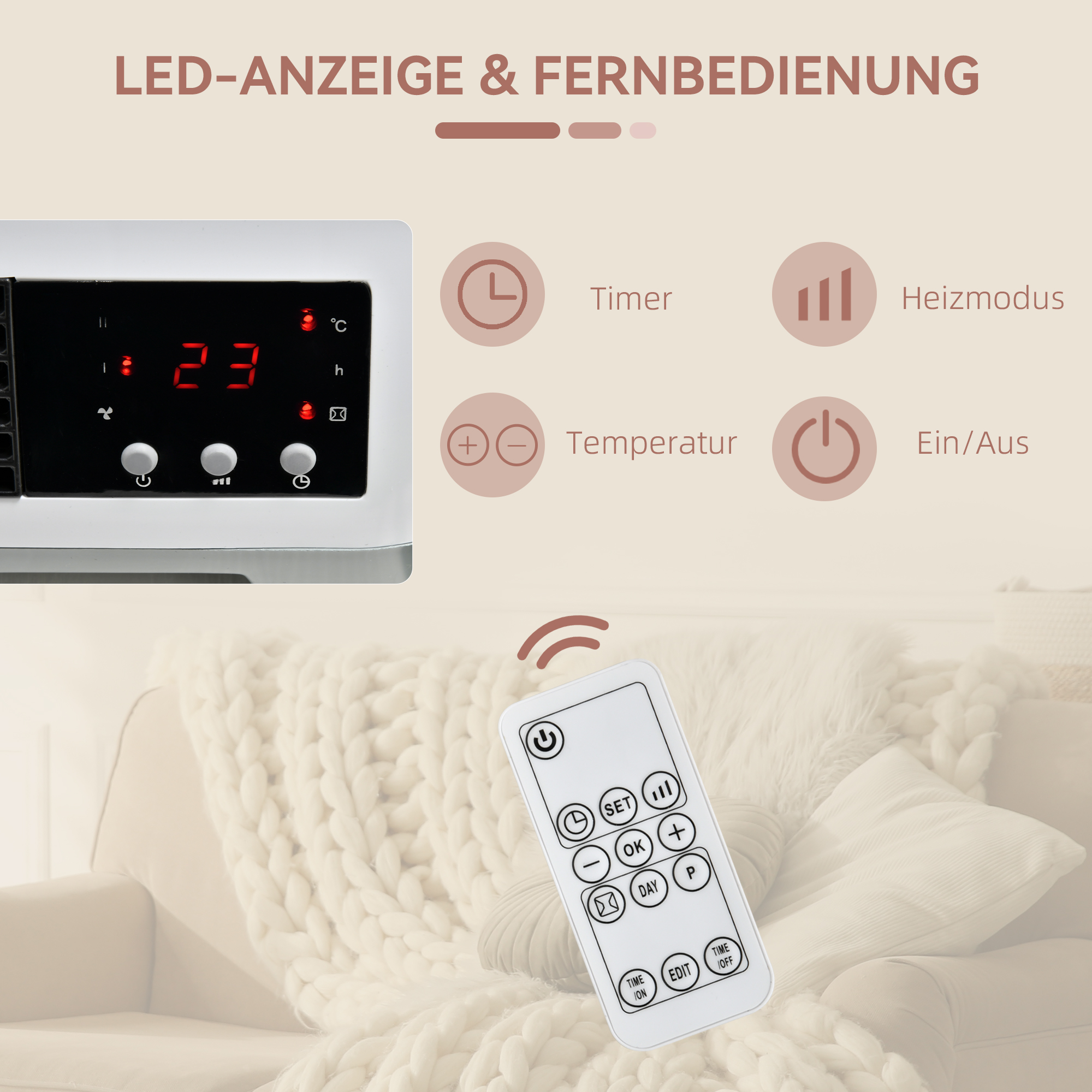 Heizlüfter zur Wandmontage 2000W mit Fernbedienung 2 Heizmodus LED-Display 12h Timer für Badezimmer