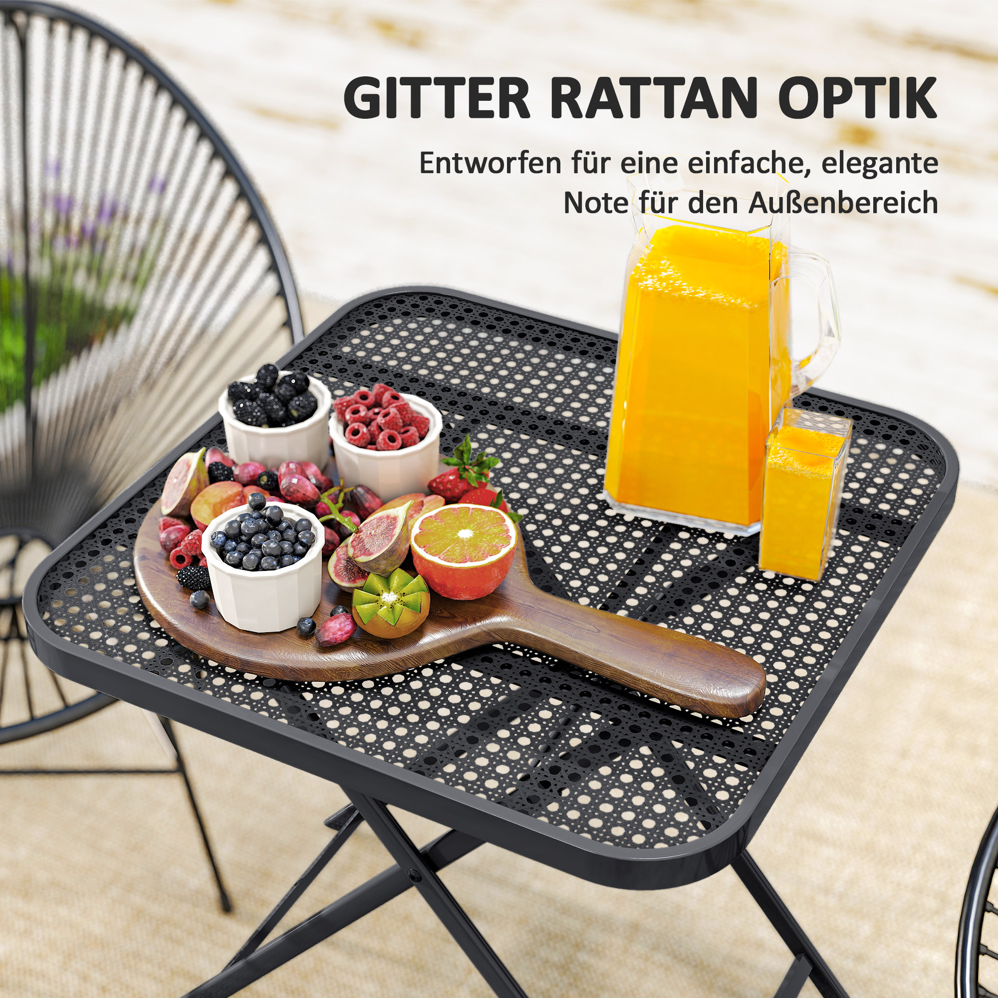Gartentisch klappbar 70 x70 cm, Wetterfest Balkontisch Klapptisch mit Ausschnitt-Design quadrarisch Schwarz
