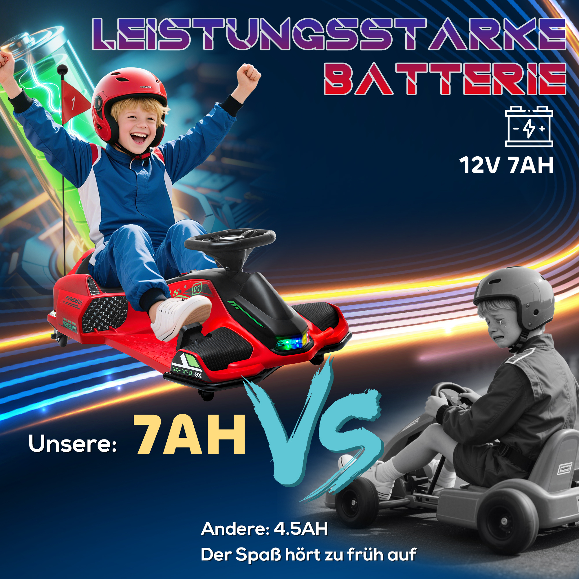 Elektrisches Go-Kart für Kinder, Gummiräder, 3-8 km/h, mit Lichtern und Musikfunktion, Rot