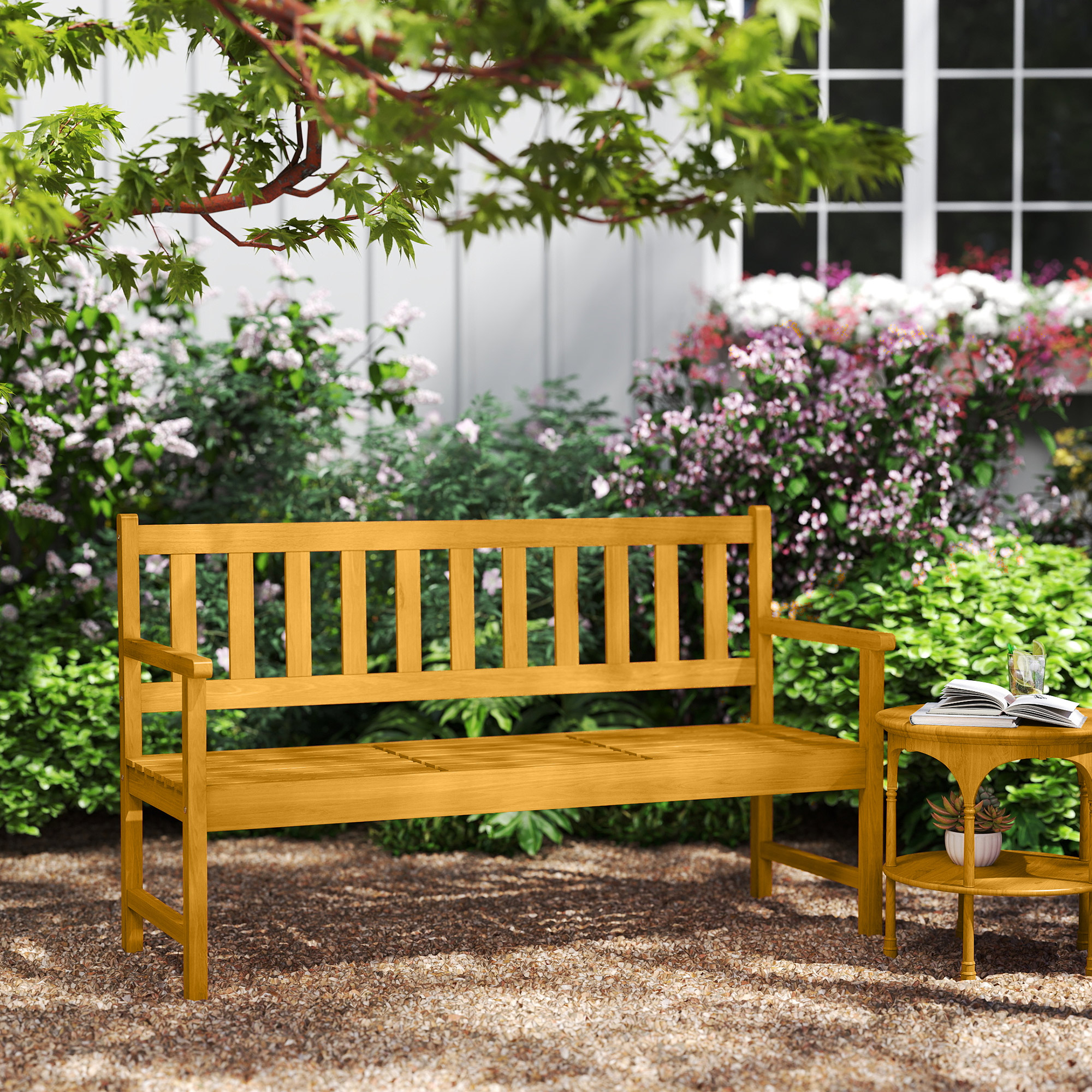 2-Sitzer Gartenbank Holz, wetterfest Sitzbank mit Rücken- & Armlehnen 320kg belast 149x56,5x89cm, Teak