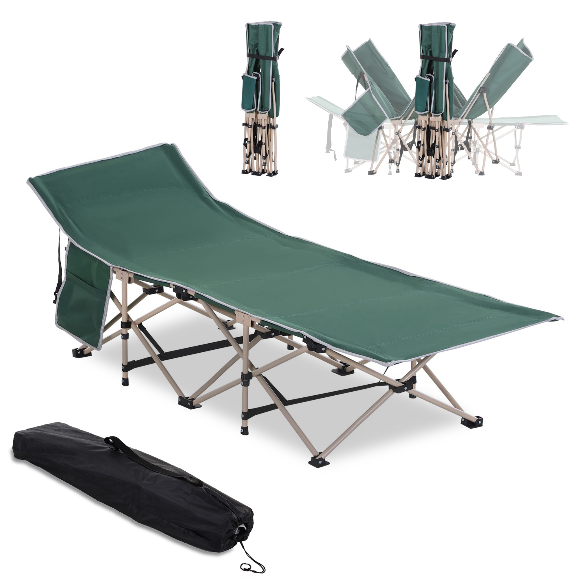 Feldbett, Camping-Bett, klappbar, wetterbeständig, ink. Tragetasche, 190 cm x 68 cm x 52 cm, Grün + Beige