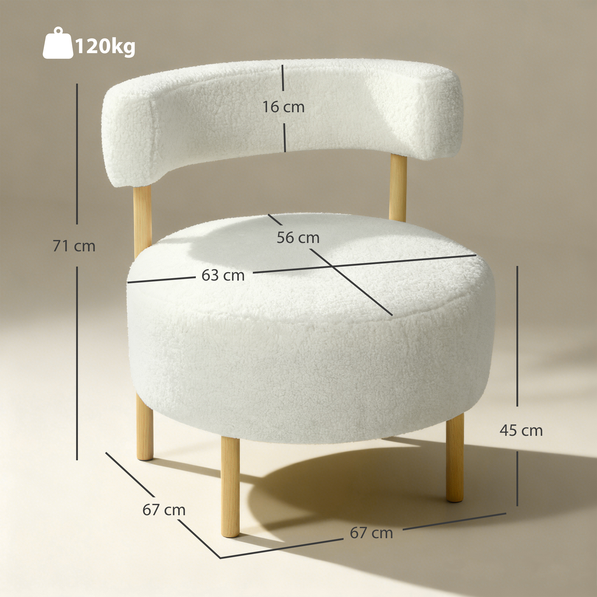 Sessel Loungesessel Relaxsessel mit Sherpa-Fleece, Metallbeinen in Holzoptik Polstersessel 67 x 67 x 71 cm Cremeweiß