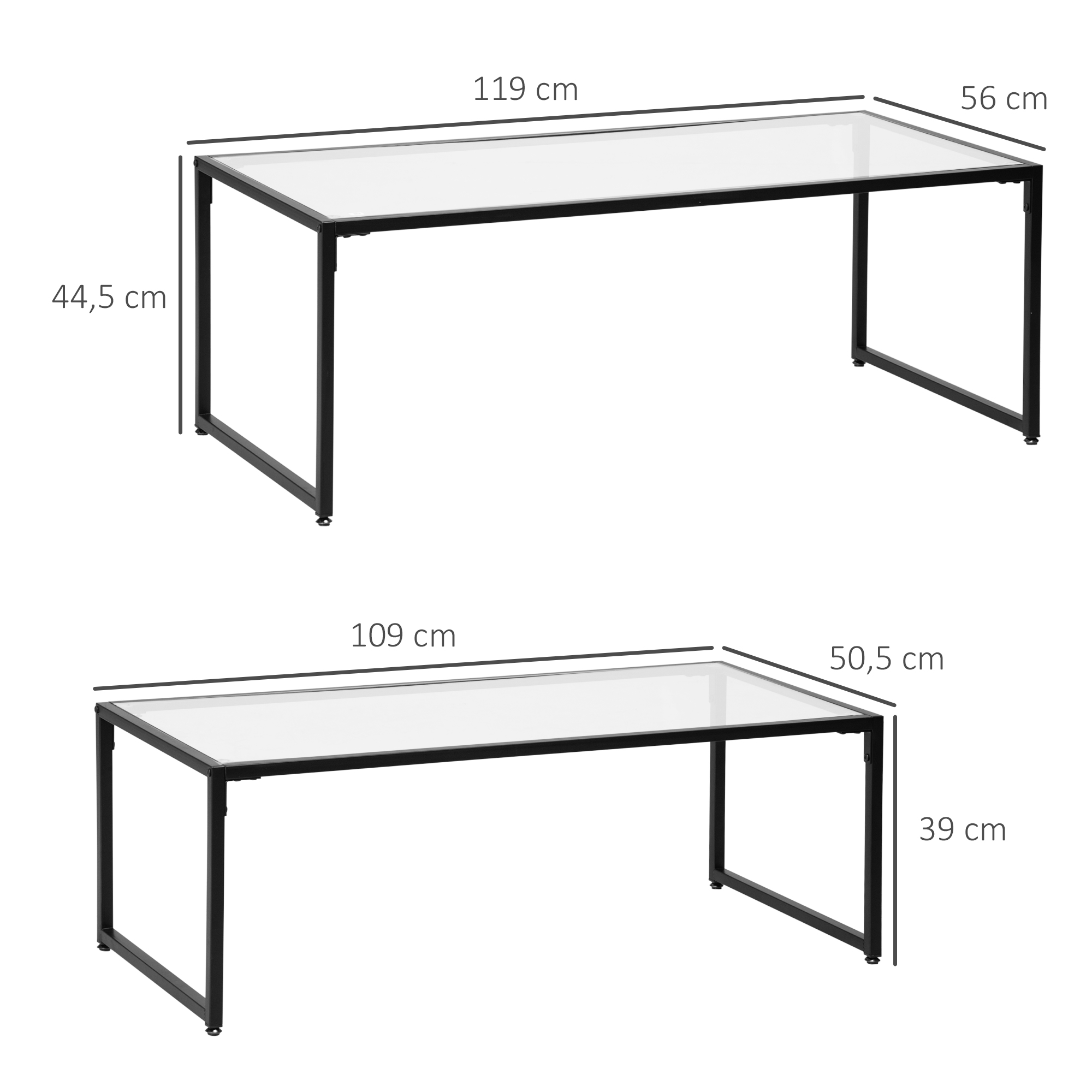 2er-Set Couchtische, Glastische, mit pulverbeschichtetem Stahl, Schwarz + Transparent