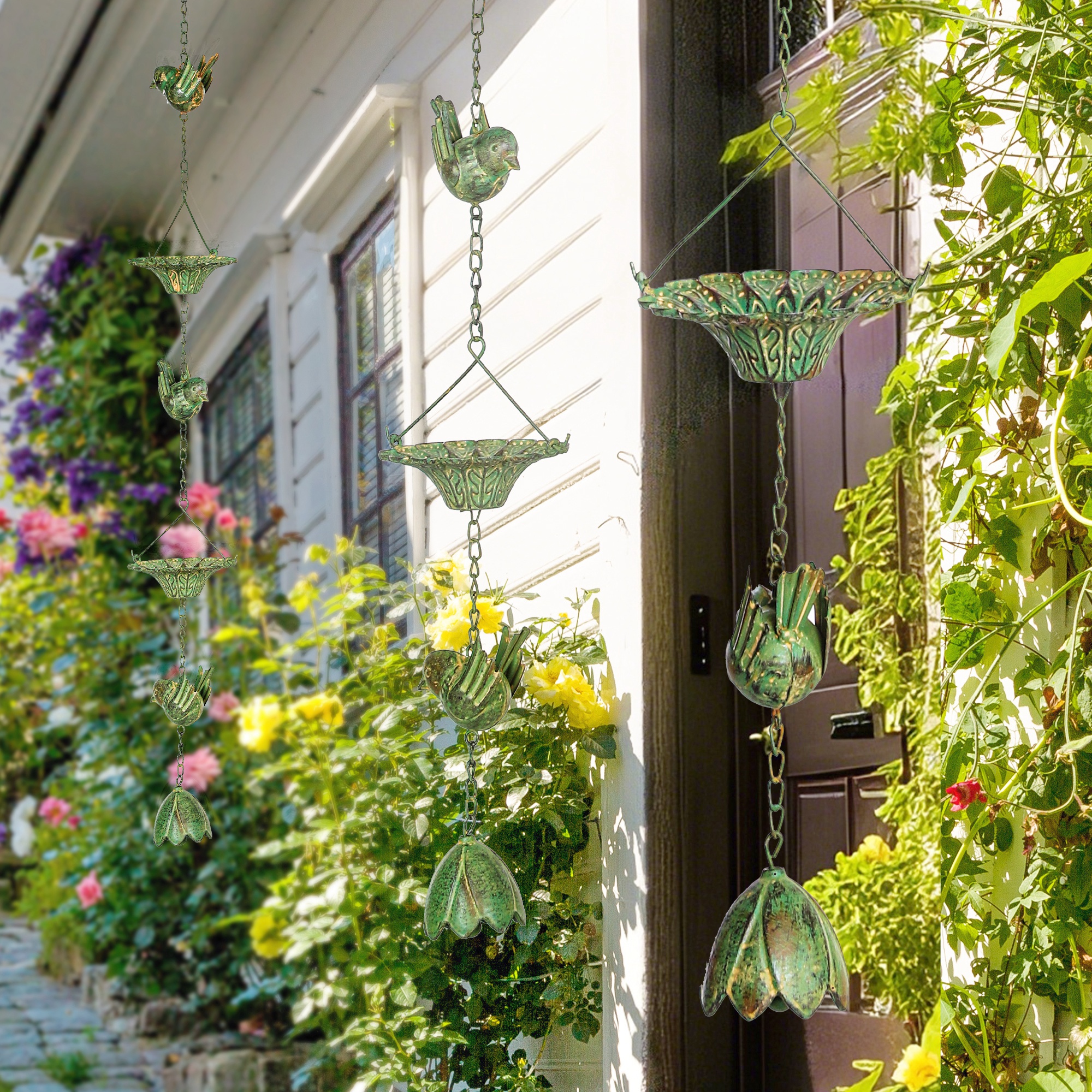 3er Set Regenkette 123cm Regenablaufkette aus Metall Ablaufkette mit befestigtem Aufhänger Vögeln Bell Grün