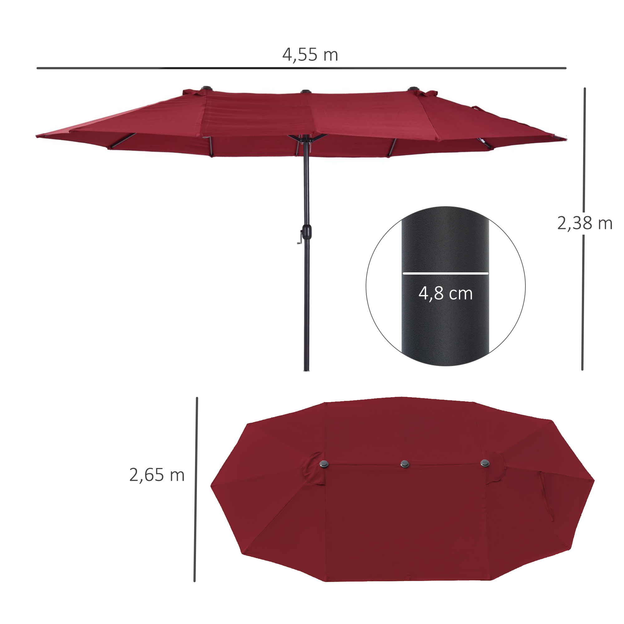 Doppelsonnenschirm 455 x 270 cm Gartenschirm mit Handkurbel oval stabil Metallstange Marktschirm Doppelsonnenschirm Terrassenschirm Sonnenschutz für Strand Balkon Terrasse Garten Weinrot