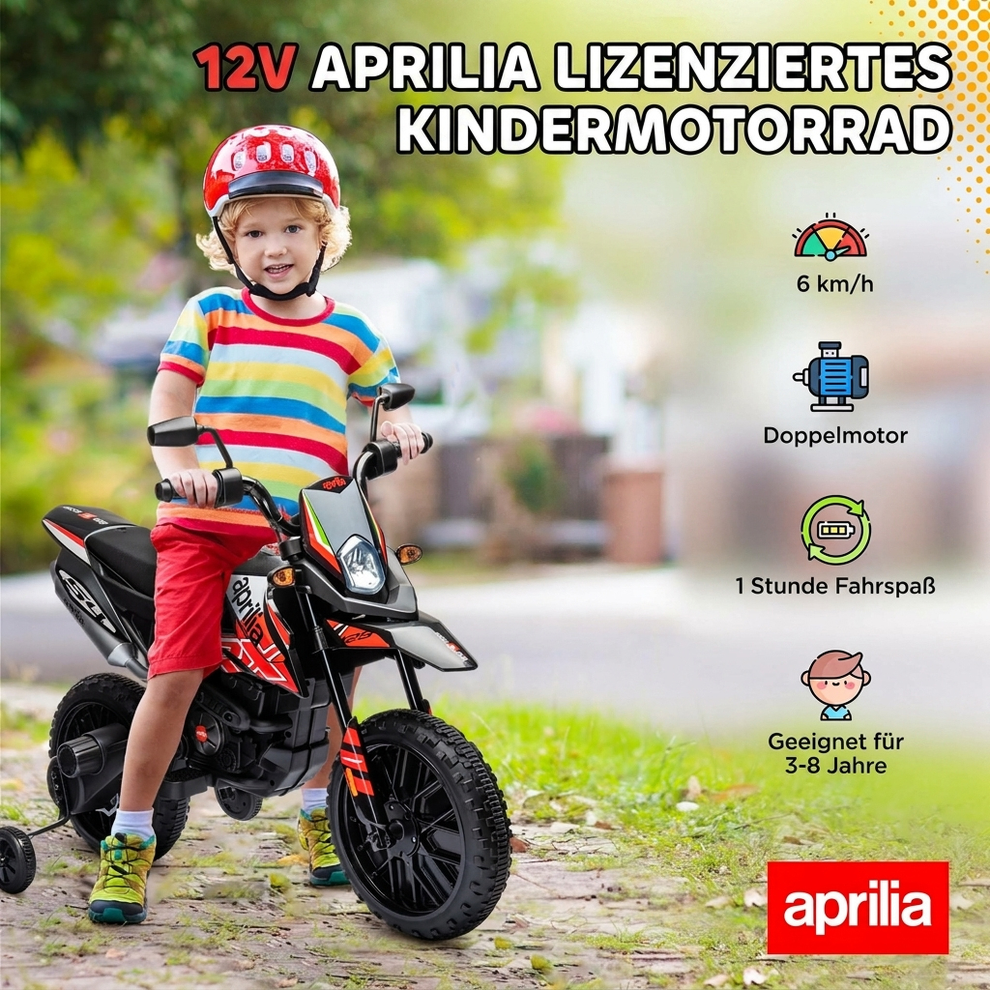 Elektro Motorrad Kinder 12 V Elektromotorrad mit 2 Motoren Stützrädern, Stoßdämpfer 13 Zoll Räder Musik, USB