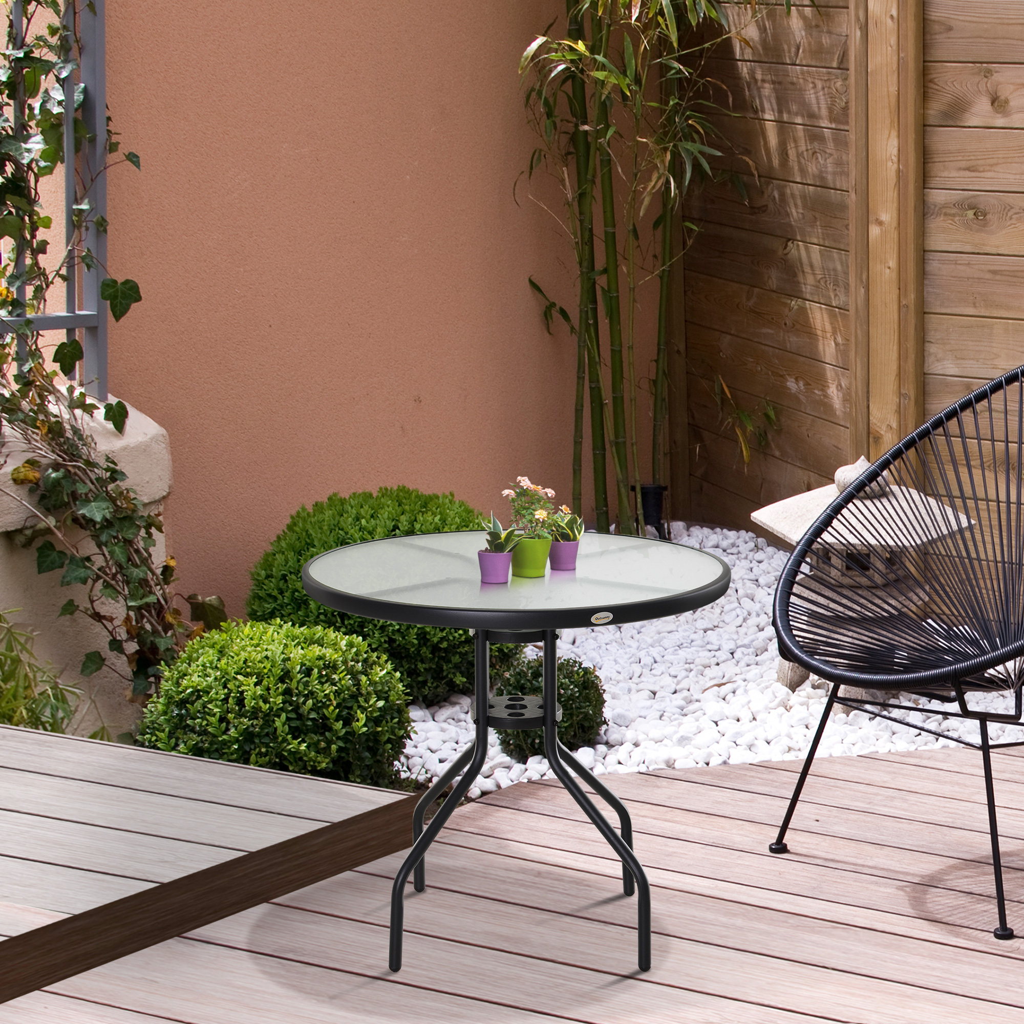 Gartentisch Balkontisch Garten Beistelltisch Bistrotisch Gartenmöbel mit Schirmloch Hartglas + Metall Schwarz Ø80 x 72 cm