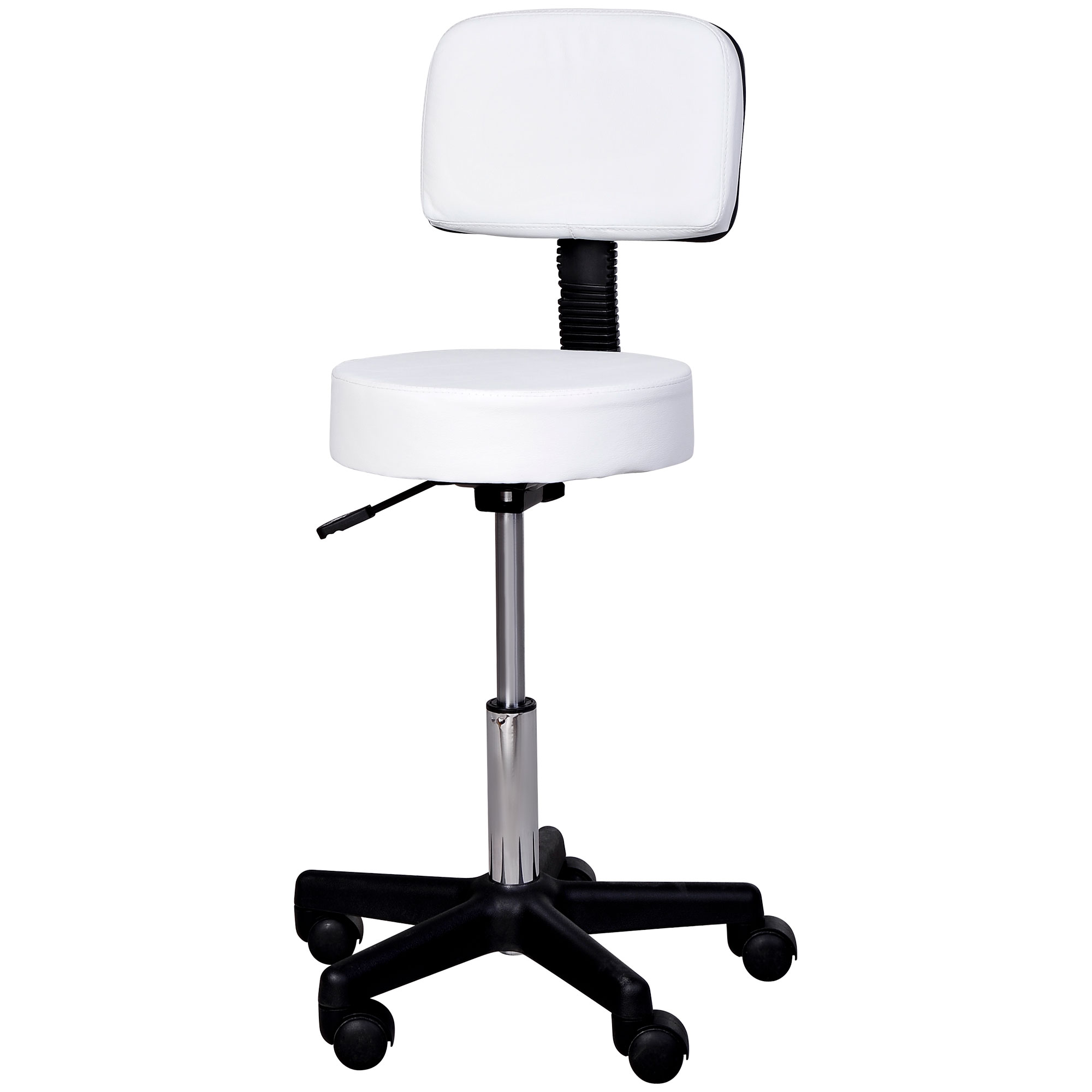Rollhocker höhenverstellbar mit Rückenlehne Drehhocker 72-84 cm Arbeitshocker 360° drehbar Bürohocker für Büro Salon Massage Spa Weiß