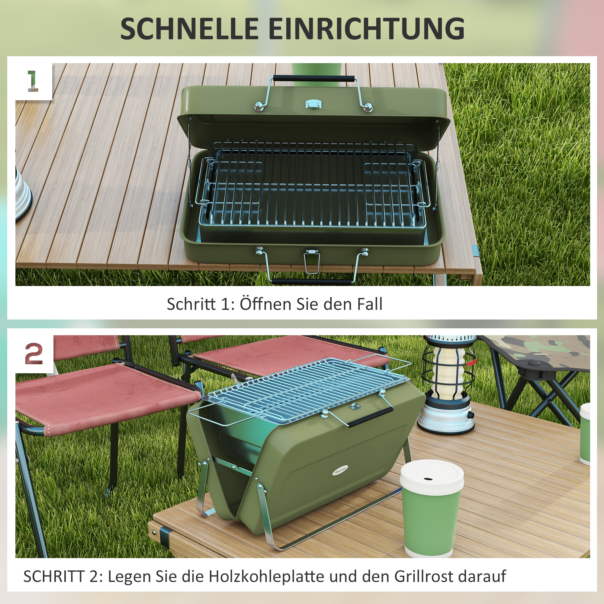 Koffergrill, Mini-Kohlegrill, klappbar, mit Kohleschale und Ascheauffangschale, Metallgehäuse, Grün