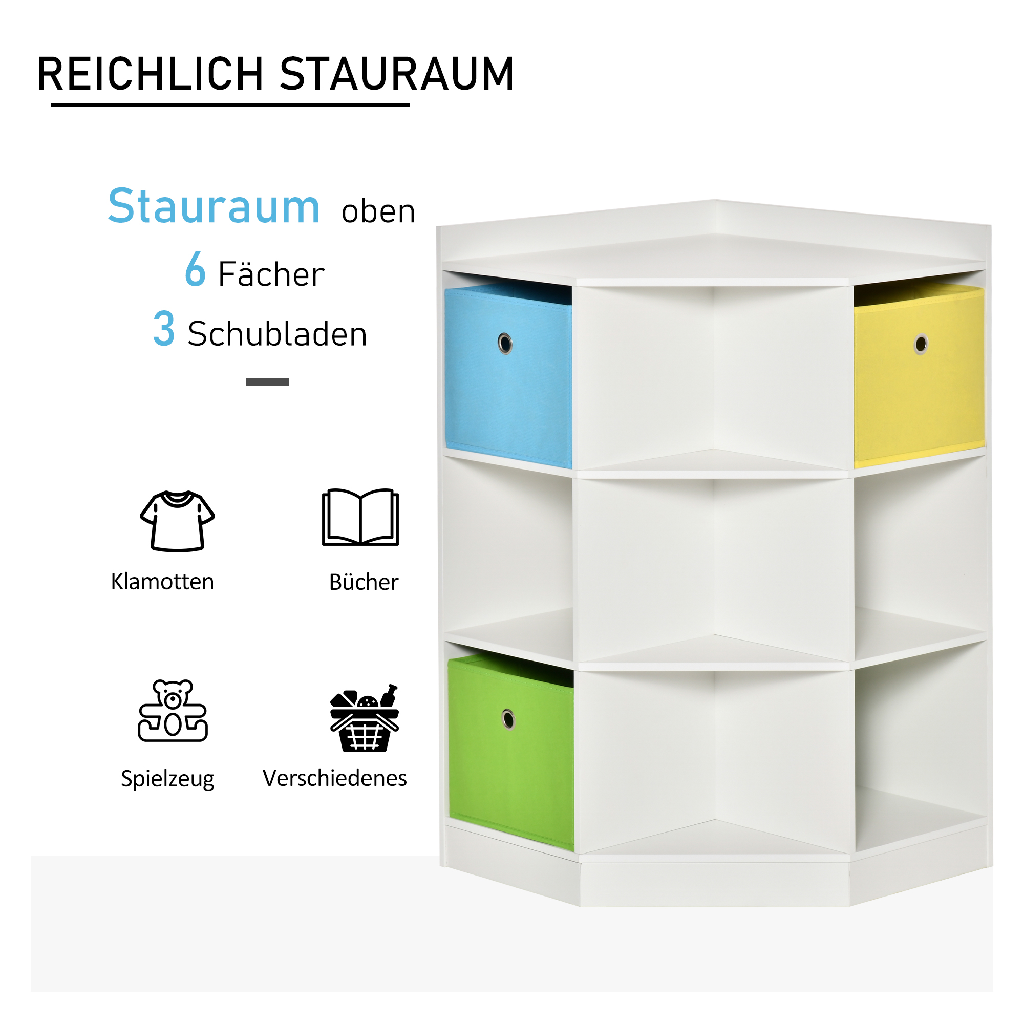 Aufbewahrungsregal für Kinder, 3 Vliesschubladen, MDF, kippsicher, Weiß