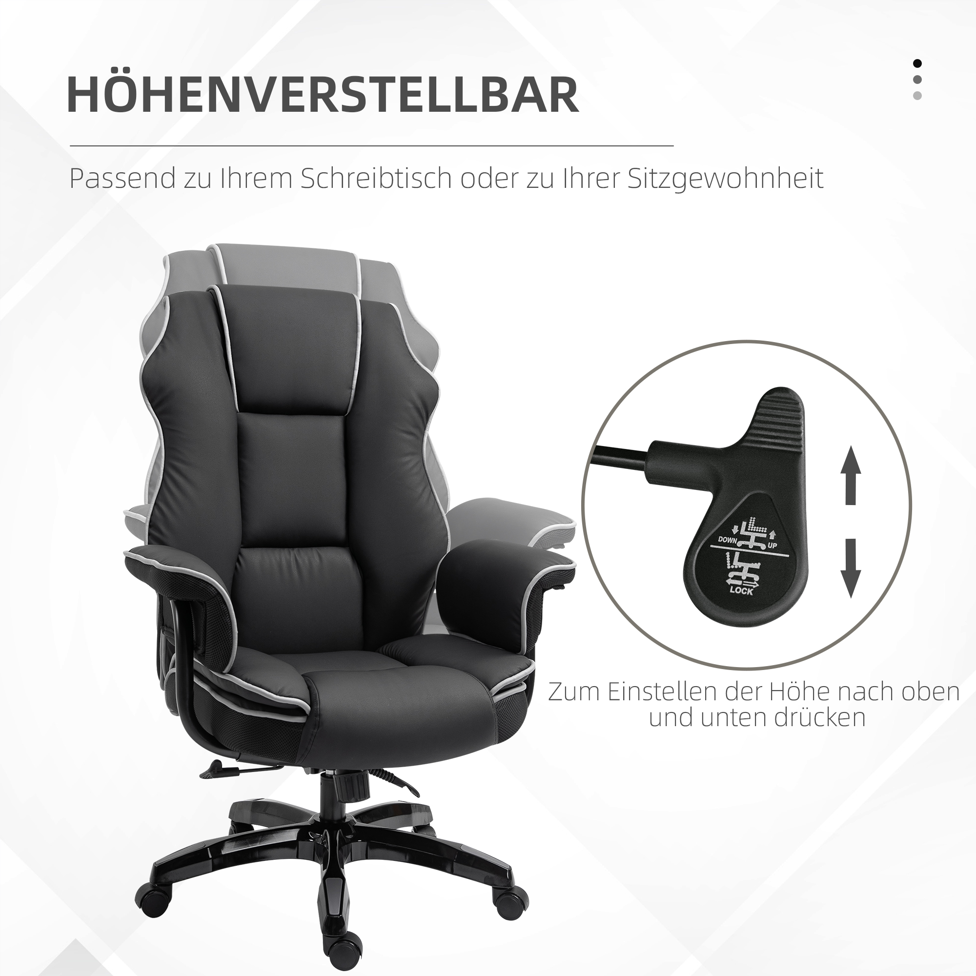 Bürostuhl, Ergonomisch Schreibtischstuhl mit Liegefunktion, Drehfunktion, Höhenverstellbar Computerstuhl für Home-Office, Kunstleder, Schwarz