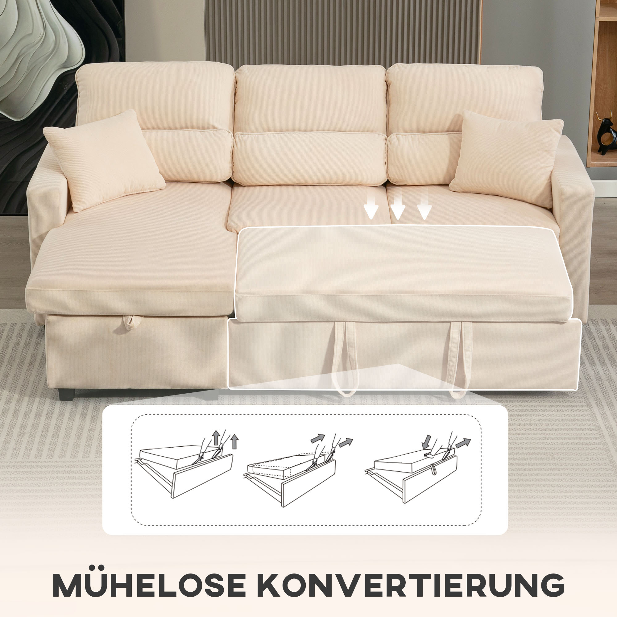 Verstellbares Bettsofa, L-förmiges Gästesofa mit Bettfunktion, Stauraum, Kissen, für Wohnzimmer, Gästezimmer, Beige
