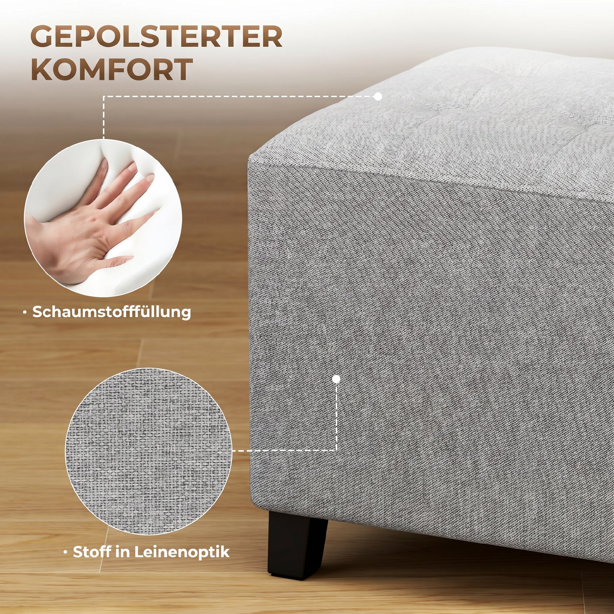 Quadratischer Hocker, kleiner Ottoman mit Seitentasche, Fußstütze aus Stoff in Leinenoptik mit Gummibaumholzbeinen, Hellgrau