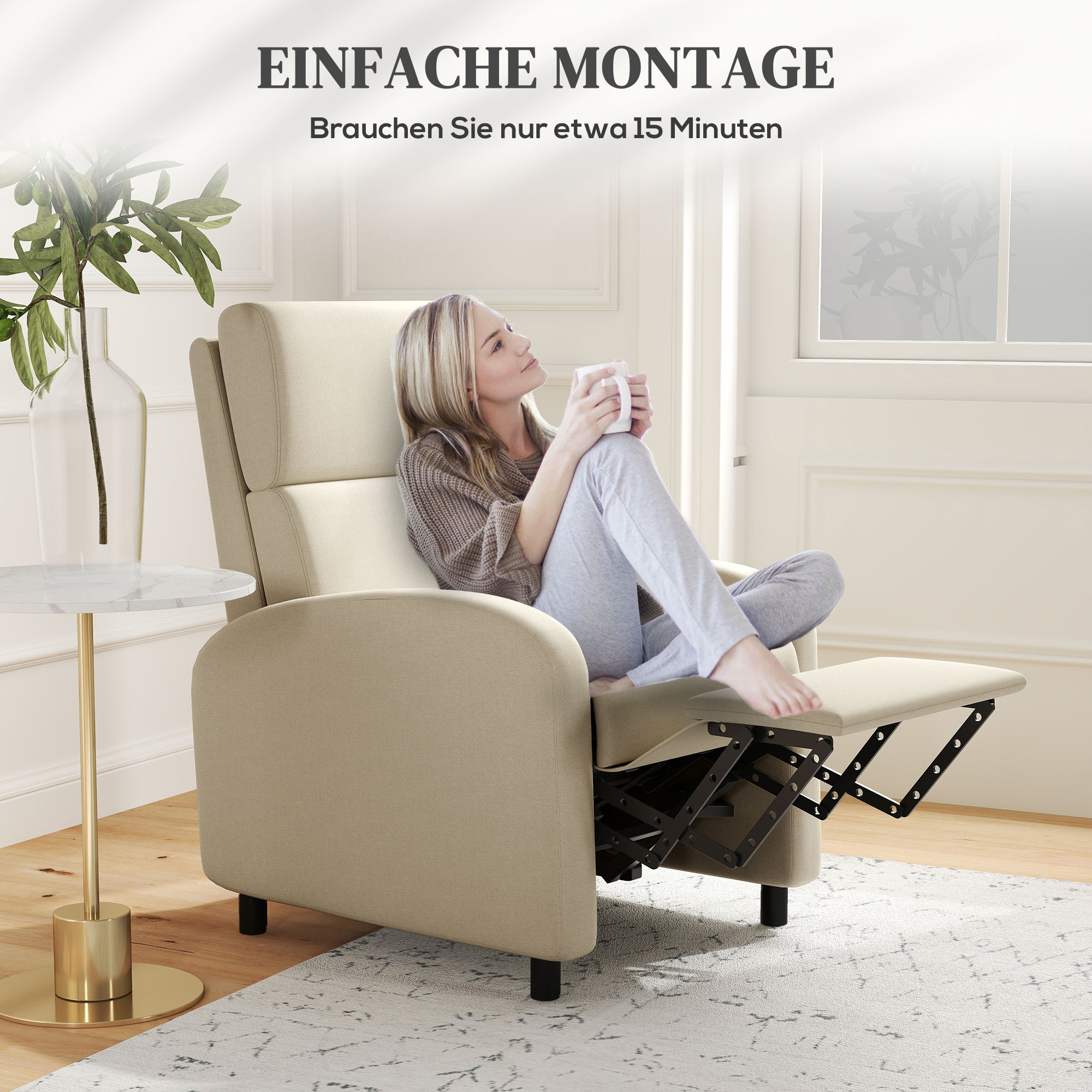 Relaxsessel Fernsehsessel, ausklappbare Fußstütze, neigbar bis zu 160°, 64 x 86 x 102 cm, Creme